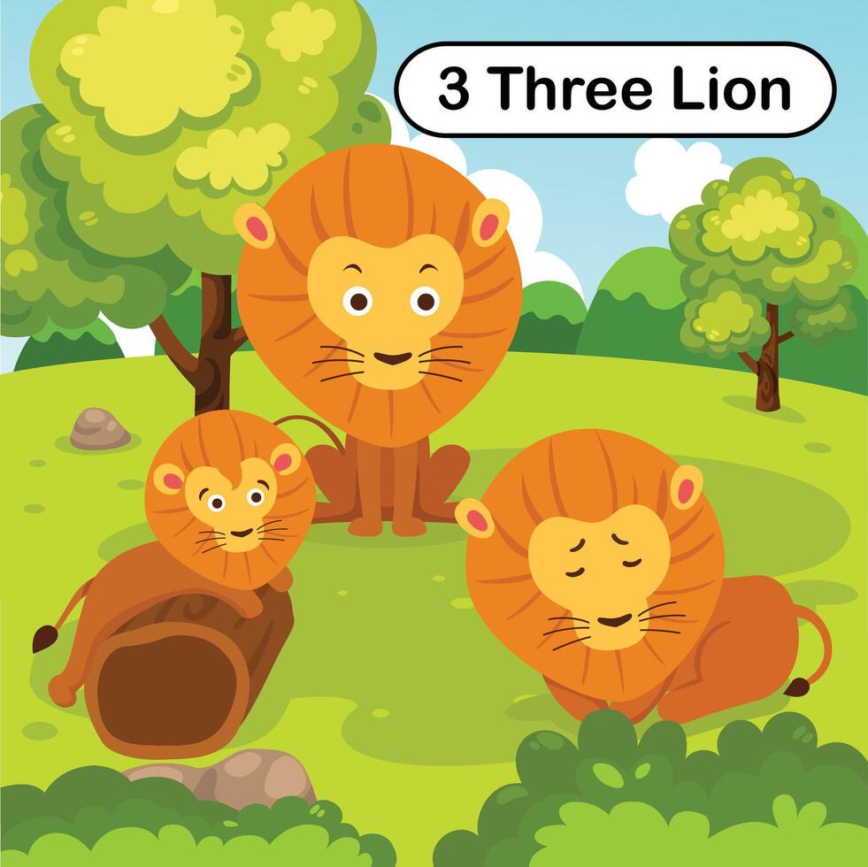Flashcard number three with 3 lion learning for kid illustration vector