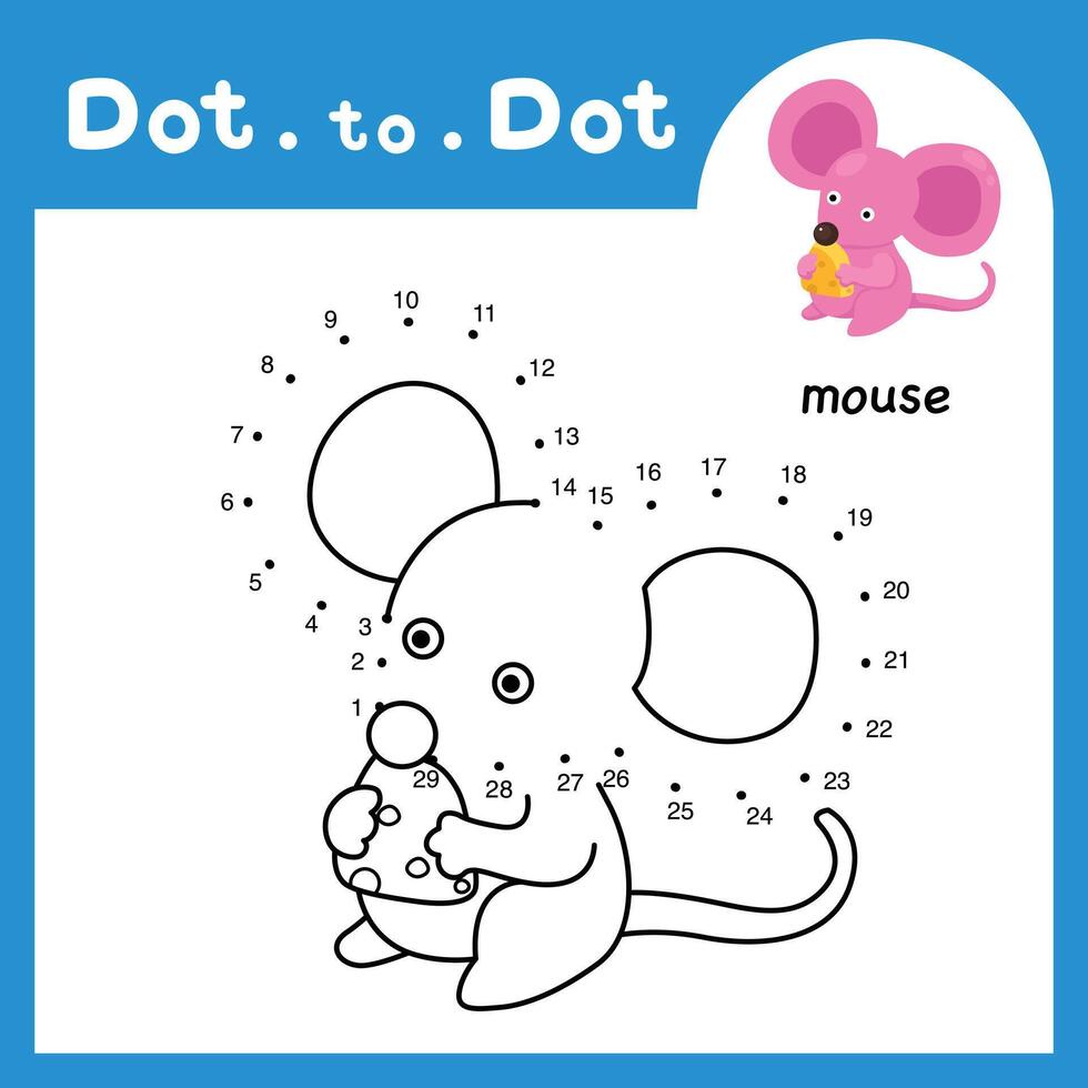 Dot to dot educational game and coloring book of mouse animal cartoon for preschool kids activity about learning counting number and handwriting practice worksheet. illustration vector