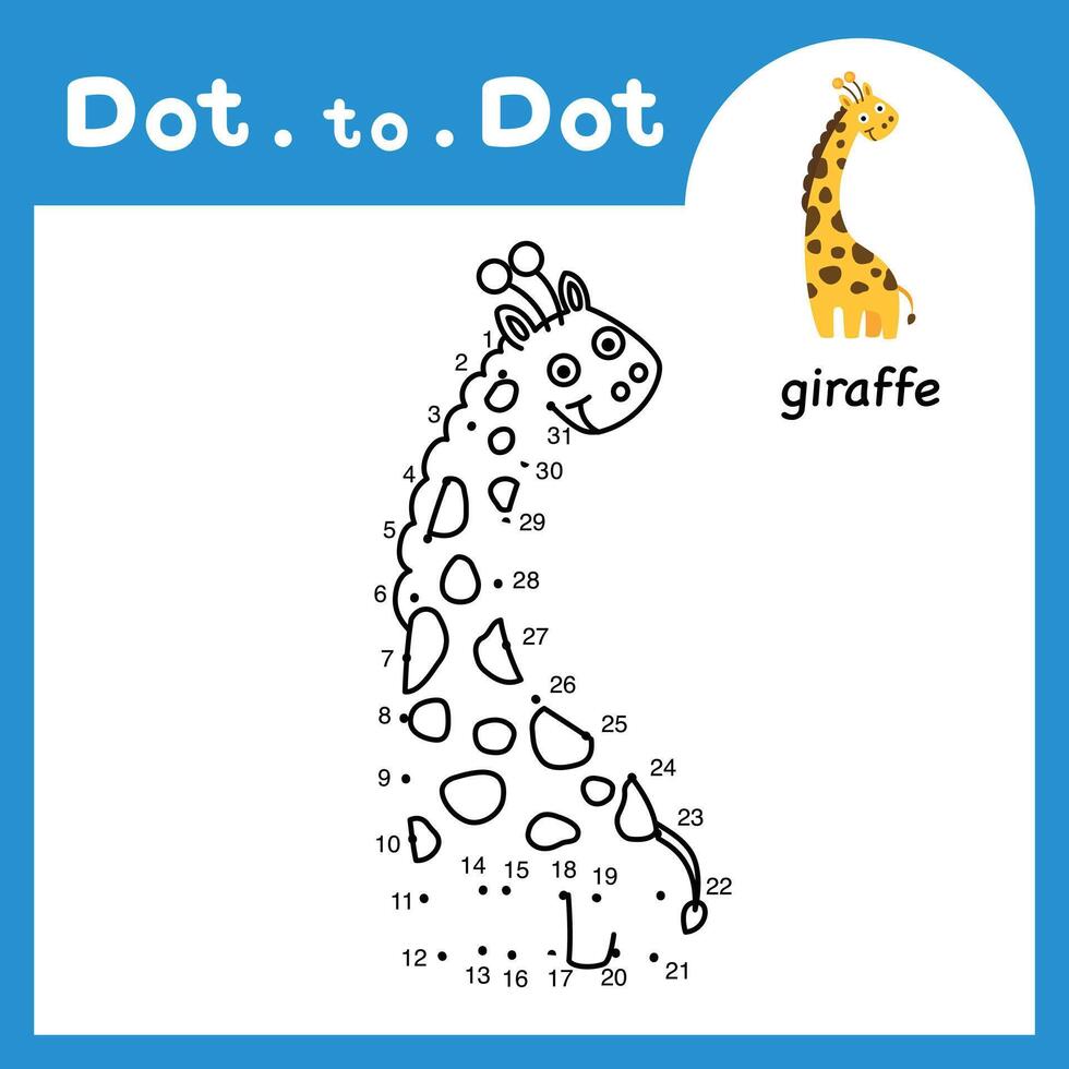 Dot to dot educational game and coloring book of giraffe animal cartoon for preschool kids activity about learning counting number and handwriting practice worksheet. illustration vector