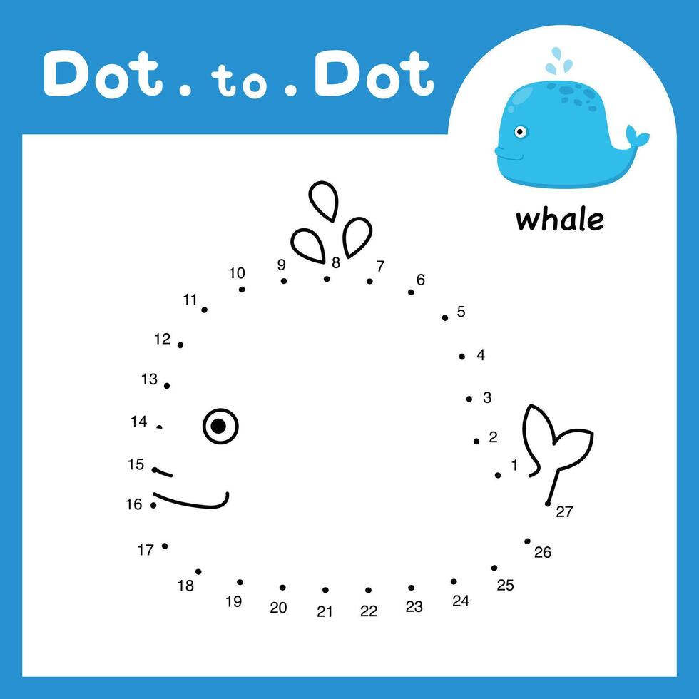 Dot to dot educational game and coloring book of whale animal cartoon for preschool kids activity about learning counting number and handwriting practice worksheet. illustration vector
