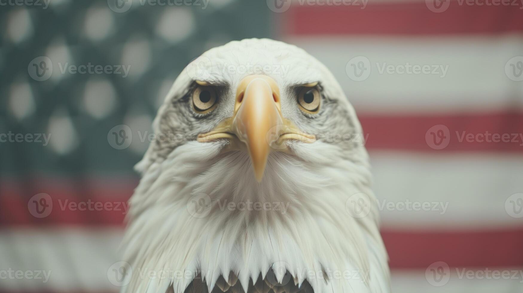 Majestic Bald Eagle Close-Up Against American Flag Background - Powerful Symbol of Freedom and Patriotism in Stunning Detail photo