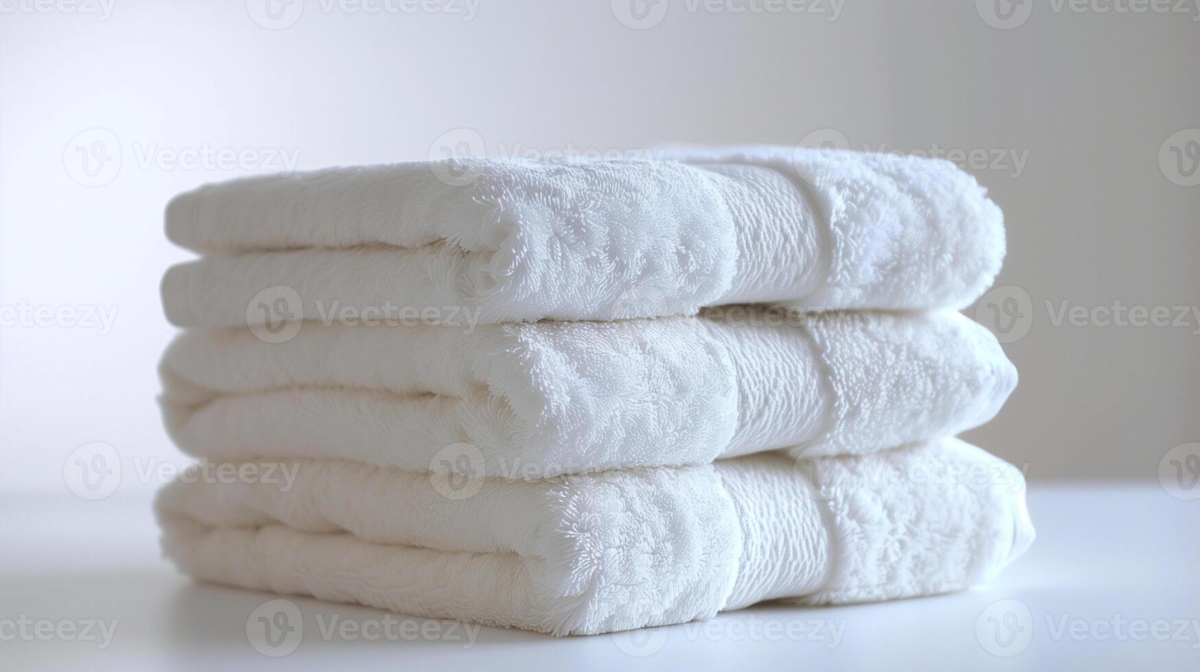 Stack of Fluffy White Towels on Light Neutral Background. photo