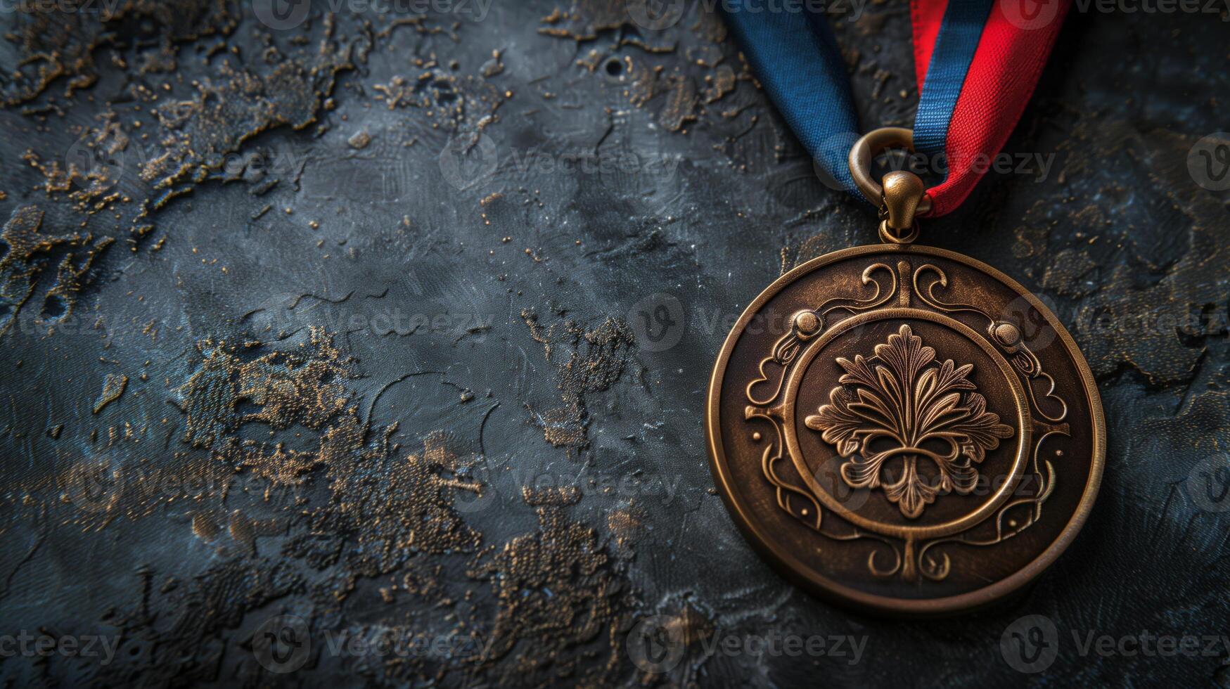 Vintage bronze medal on blue and red ribbon lying on dark textured surface. Close-up photography with copy space. Achievement and award concept for design and print. photo