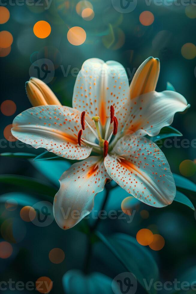 Close-up of a white lily with orange spots and bokeh lights. Macro photography concept for botanical art and nature-themed design. photo