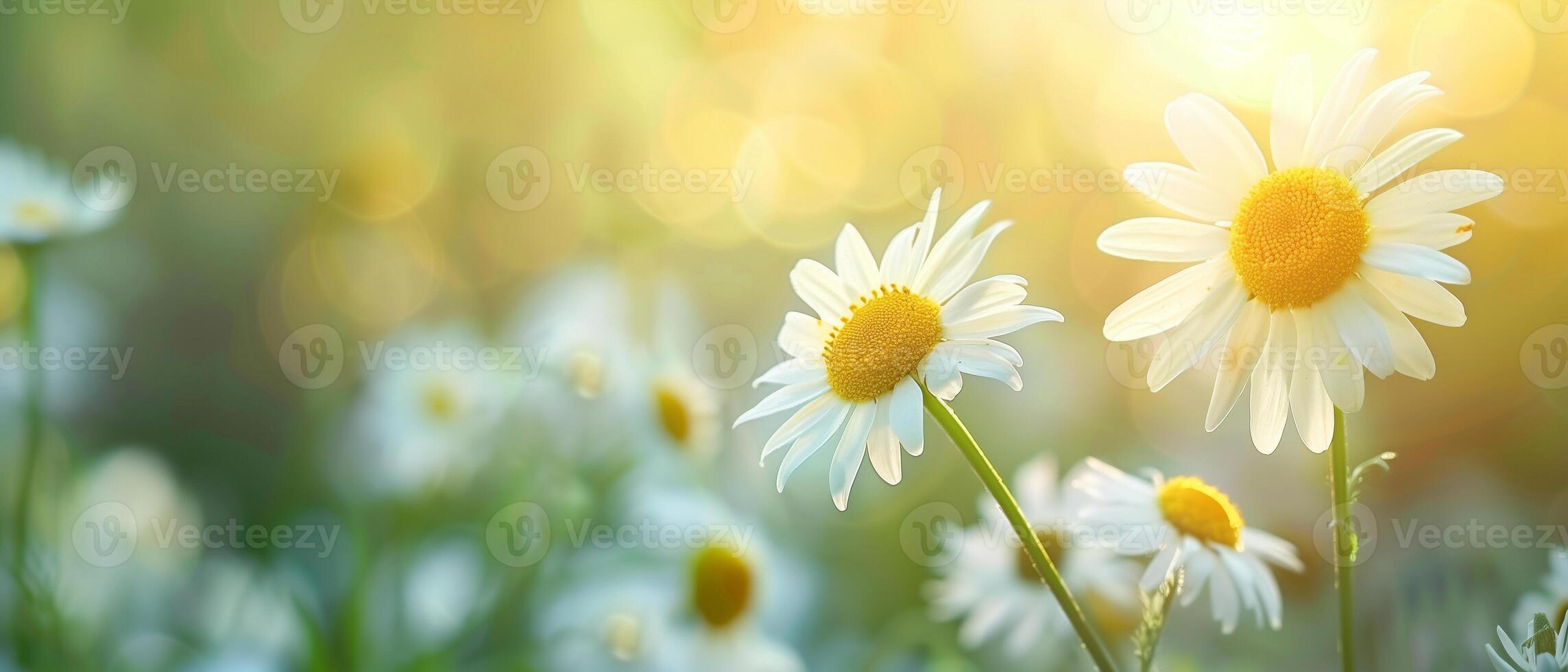 suave luz de sol mediante margarita campo, pacífico manzanilla en idílico ligero. foto