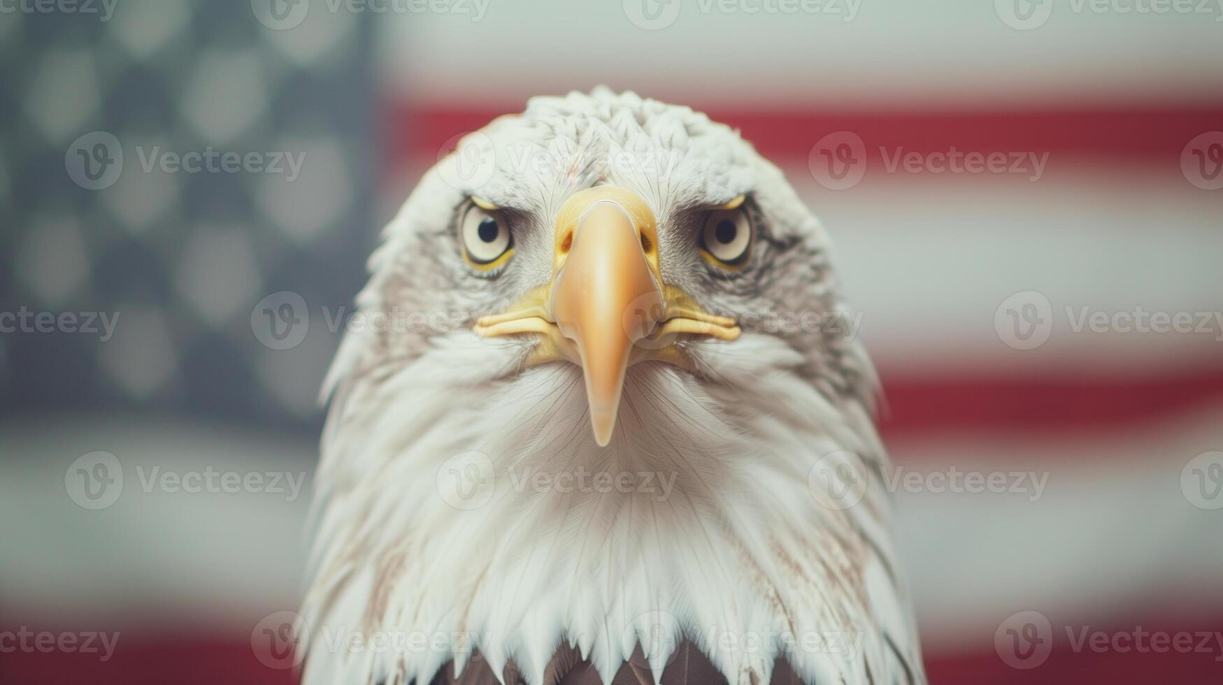 Majestic Bald Eagle Front View Against Blurred American Flag Background Symbolizing Patriotism, Strength, Freedom, and Independence photo