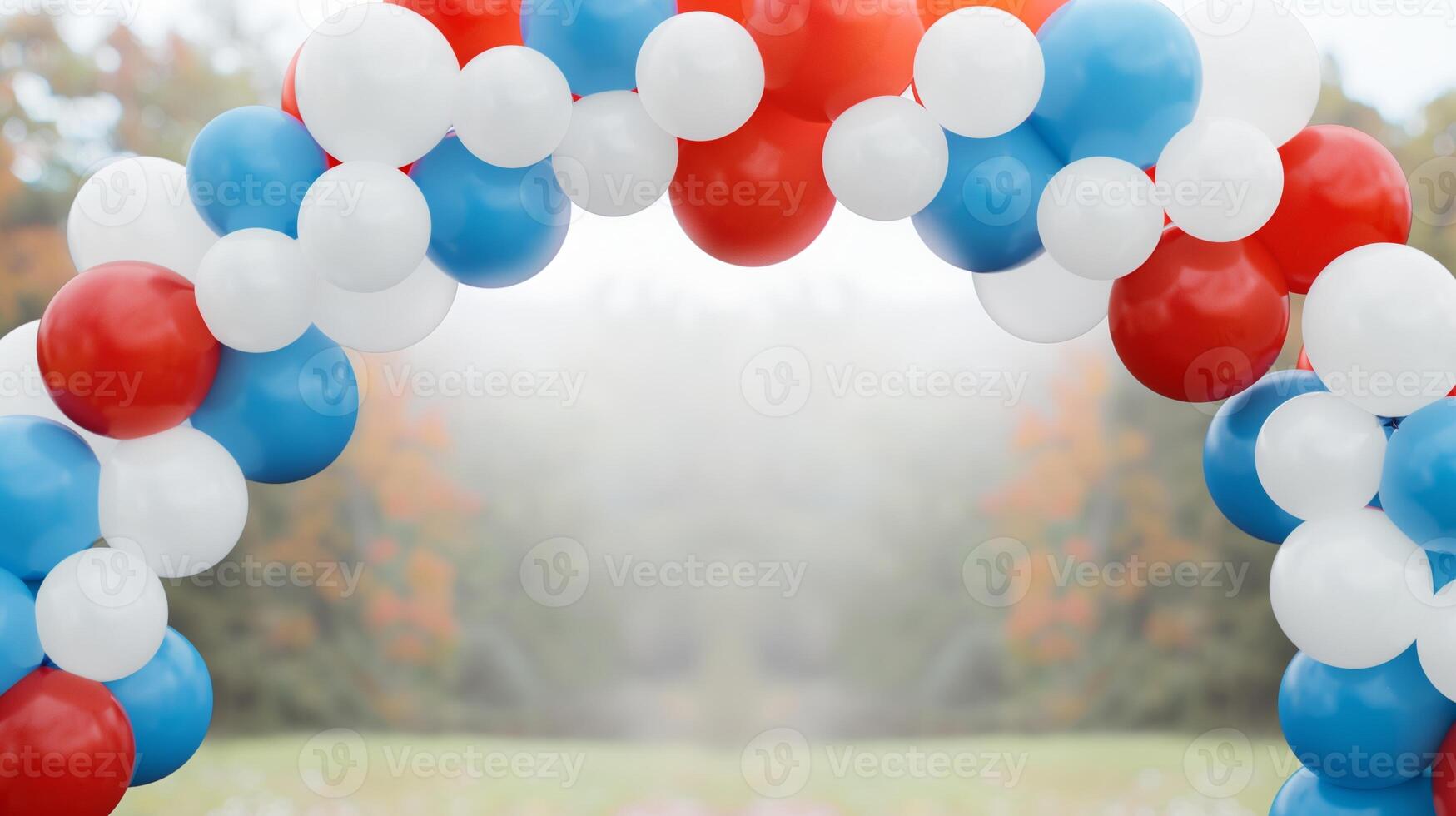 Festive Arch of Red, White, Blue Balloons in Outdoor Setting with Blurry Autumn Background for Independence day, Holiday Celebration Design with Copy Space photo