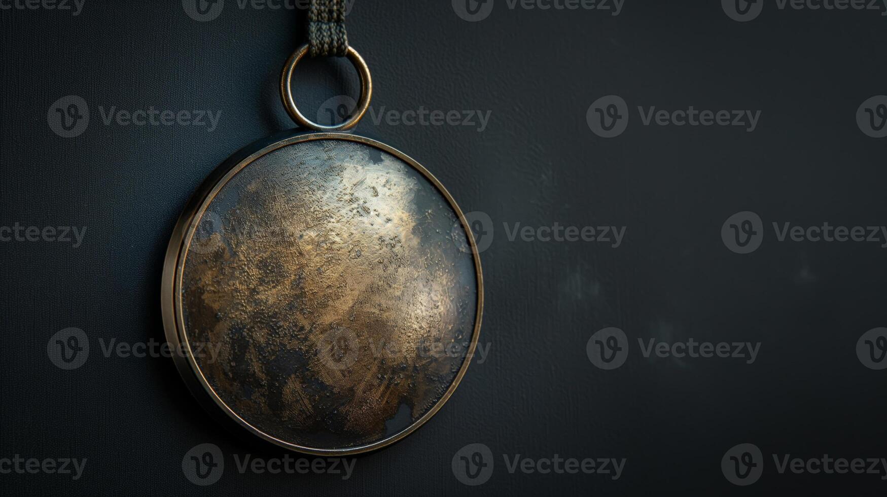 Vintage textured pendant with copy space on dark background. Product photography with copy space. Antique jewelry concept for design and print. photo