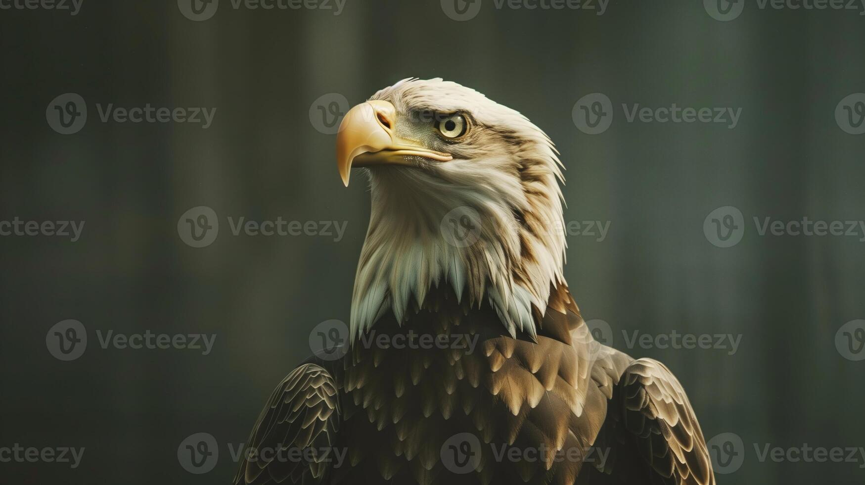 Majestic Bald Eagle Portrait with Intense Gaze in Natural Habitat Background, Symbolizing Freedom and Strength, Perfect for Wildlife and Nature-Themed Designs or Educational Materials photo