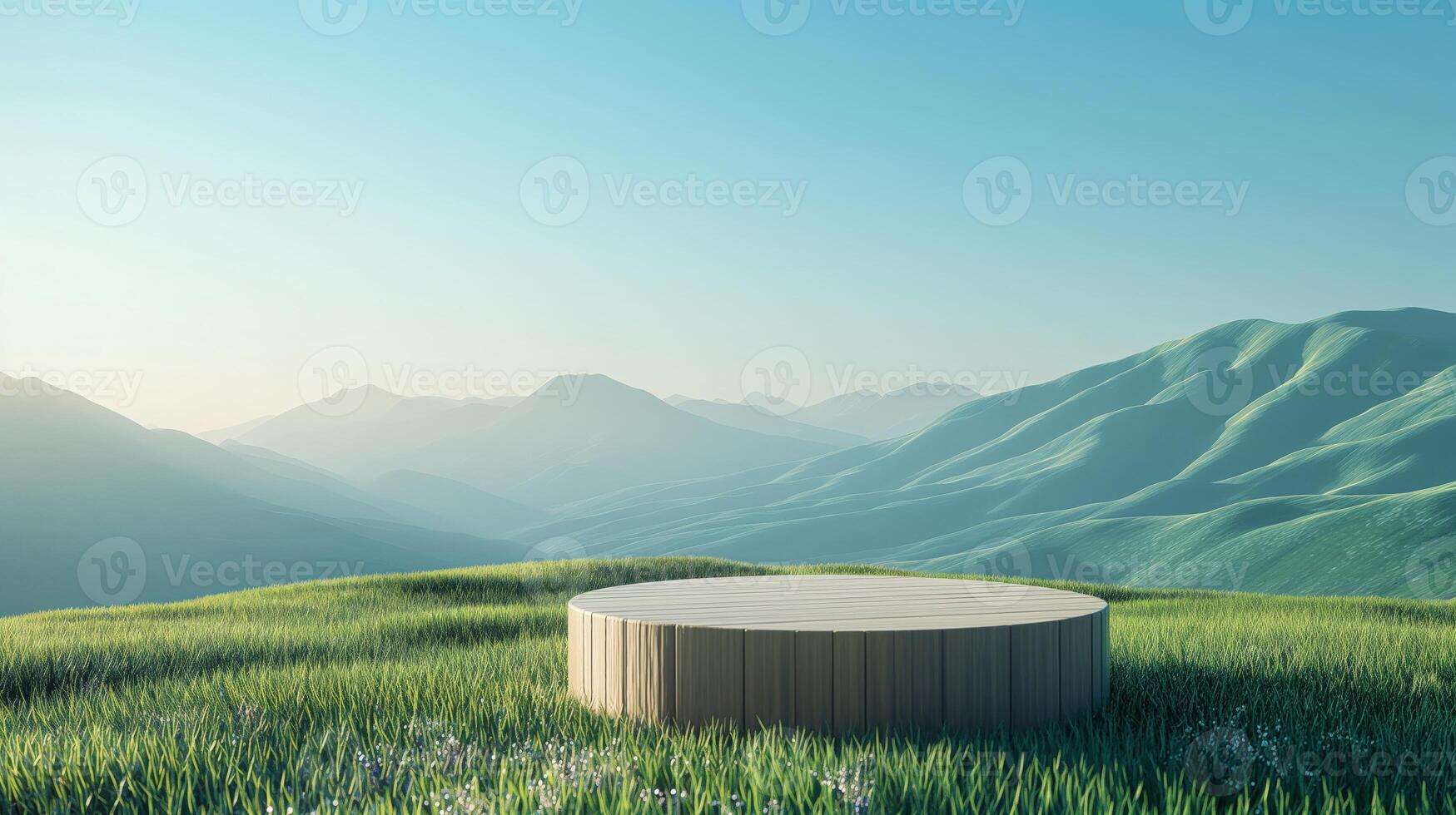 Wooden circular podium on a hill with springtime blossoms and mountain background. Eco-friendly product display and nature concept with copy space. 3D render for branding and outdoor design. photo