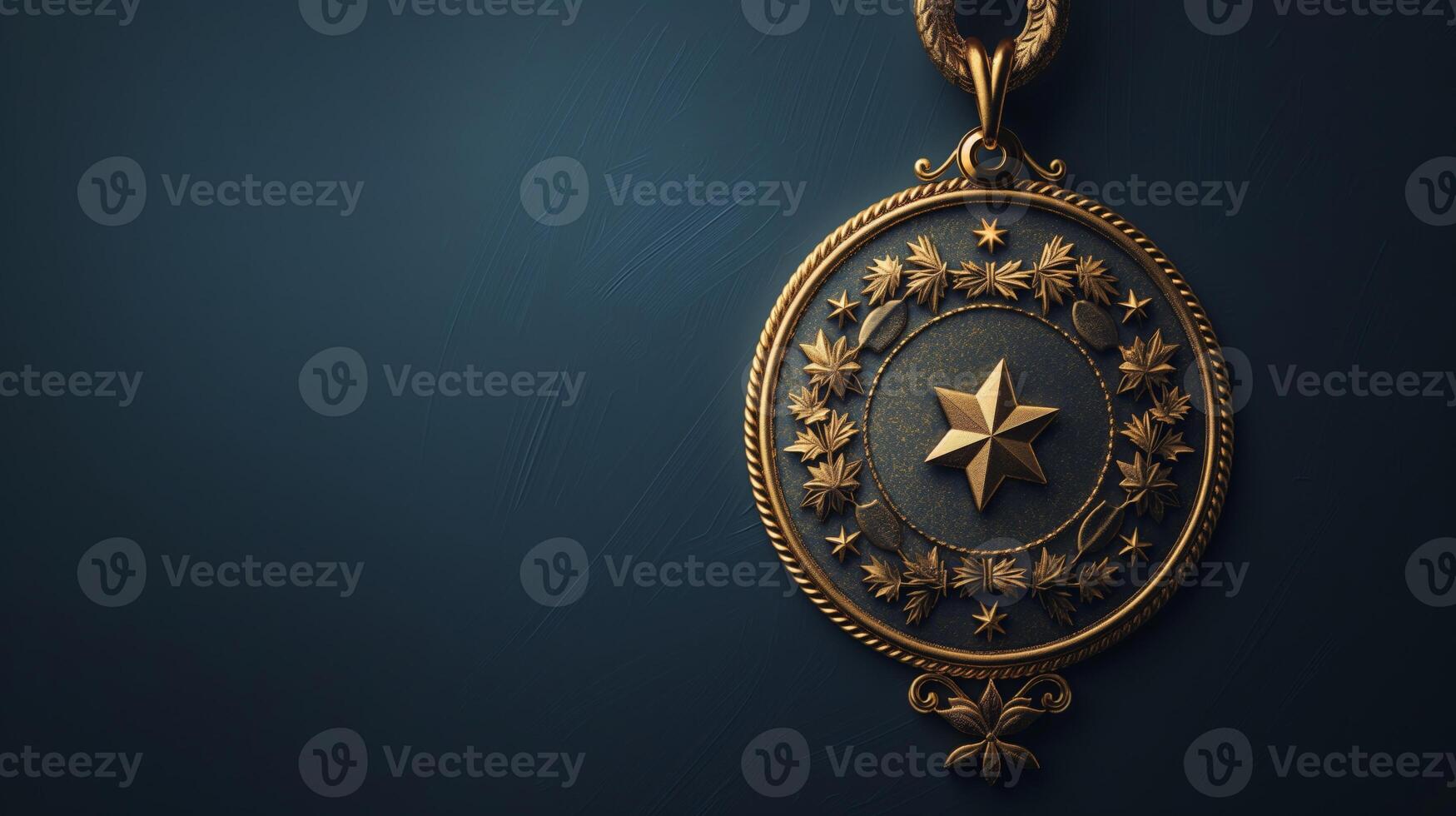 Antique star medallion with intricate design on dark blue background. Close-up, detailed jewelry photography for design and print. photo