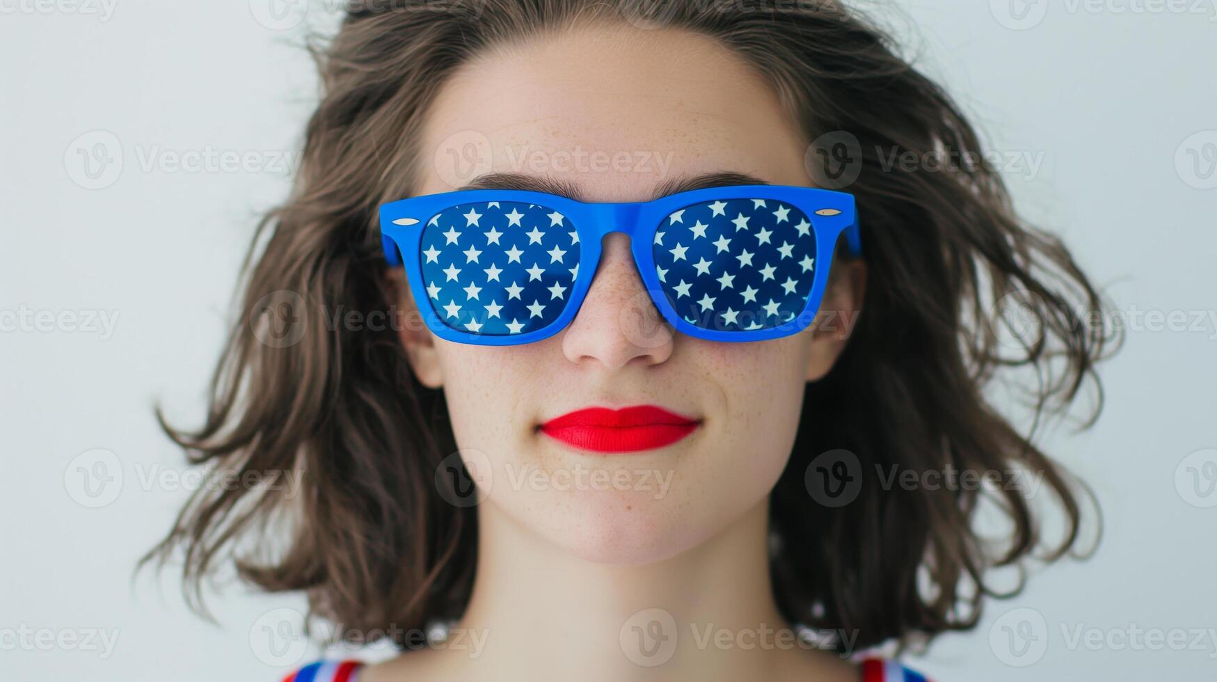Woman with Red Lips Wearing Blue Star-Patterned Sunglasses Celebrating Fourth of July photo