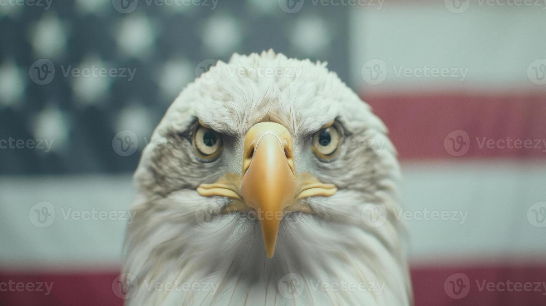 Majestic Bald Eagle Close-Up with American Flag Background Symbolizing Patriotism and National Pride in Soft Focus, Ideal for Independence Day, Veterans Day, Memorial Day, Nature, Wildlife photo