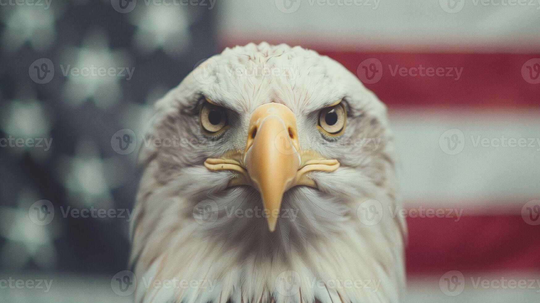 Majestic Bald Eagle Staring Intently with American Flag Background Symbolizing Patriotism Freedom and Strength in Photorealistic Detail Ideal for Independence Day Memorial Day and Veterans Day Designs photo