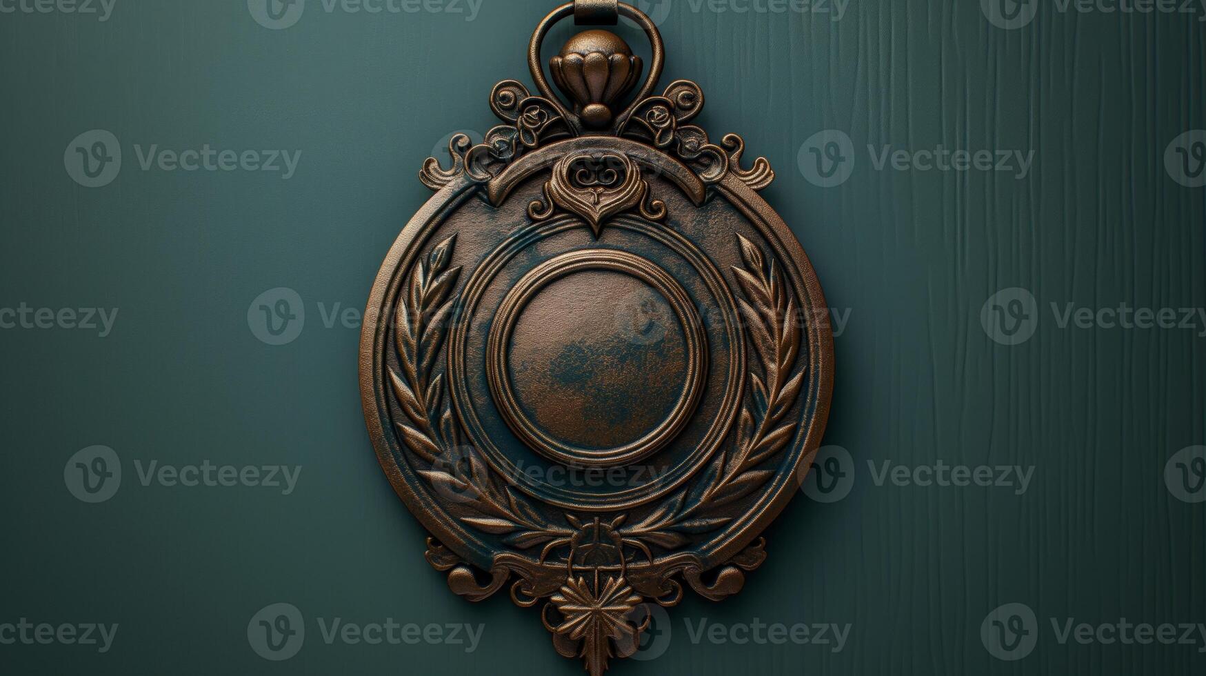 Antique bronze medallion with laurel and filigree design on teal background. Studio close-up photography for design and print. photo