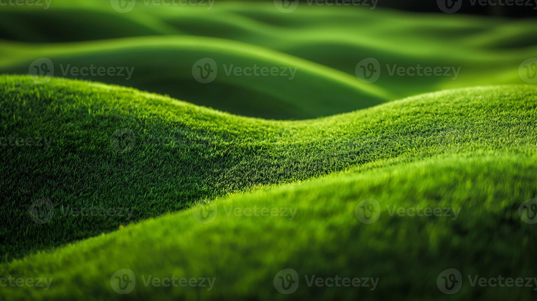 Undulating green hills of a golf course with textured grass and shadows. Tranquil nature and leisure concept. Design for golfing event promotions, sports background. photo