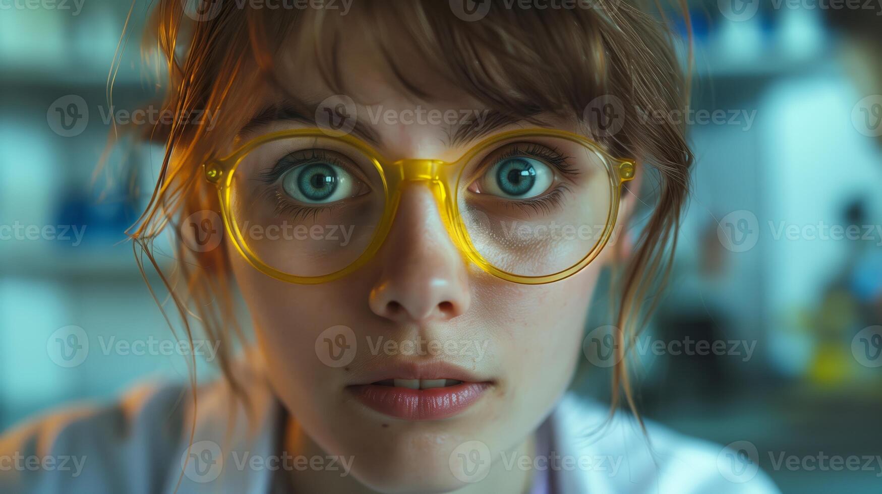 Close-up portrait of a scientist woman wearing yellow glasses, wide-eyed with a surprised expression. Conceptual shot representing curiosity and surprise. photo