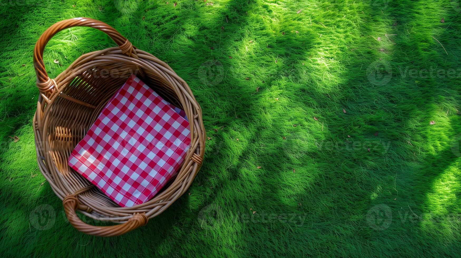 A minimalist portrayal of a picnic basket with a red and white checkered lining on a background of vivid green grass. photo