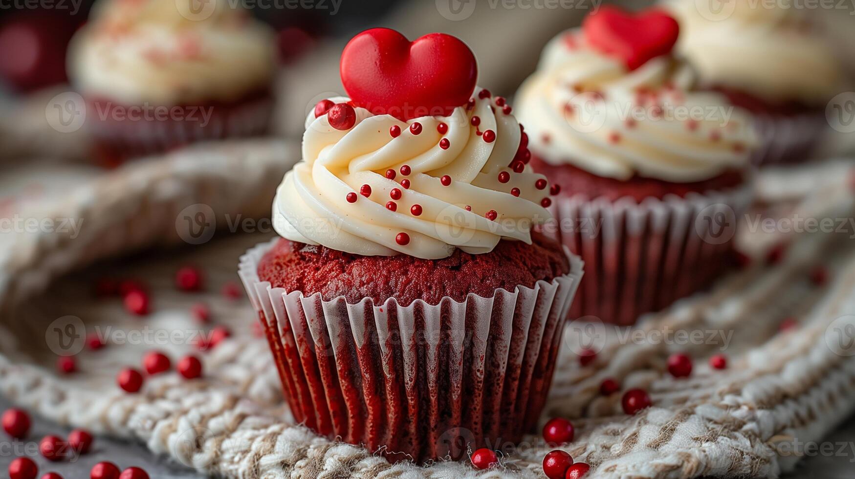 Red velvet cupcakes with white cream frosting and heart decorations. Love and Valentine's Day concept. Design for greeting card, invitation. photo