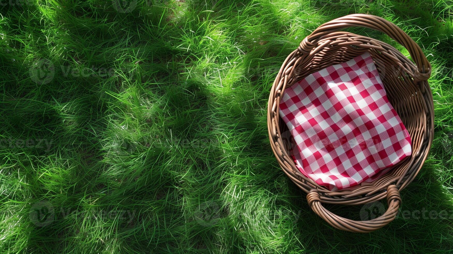 Empty picnic basket with red and white checkered napkin on green grass with sunlight. Outdoor dining and summer picnic concept. photo