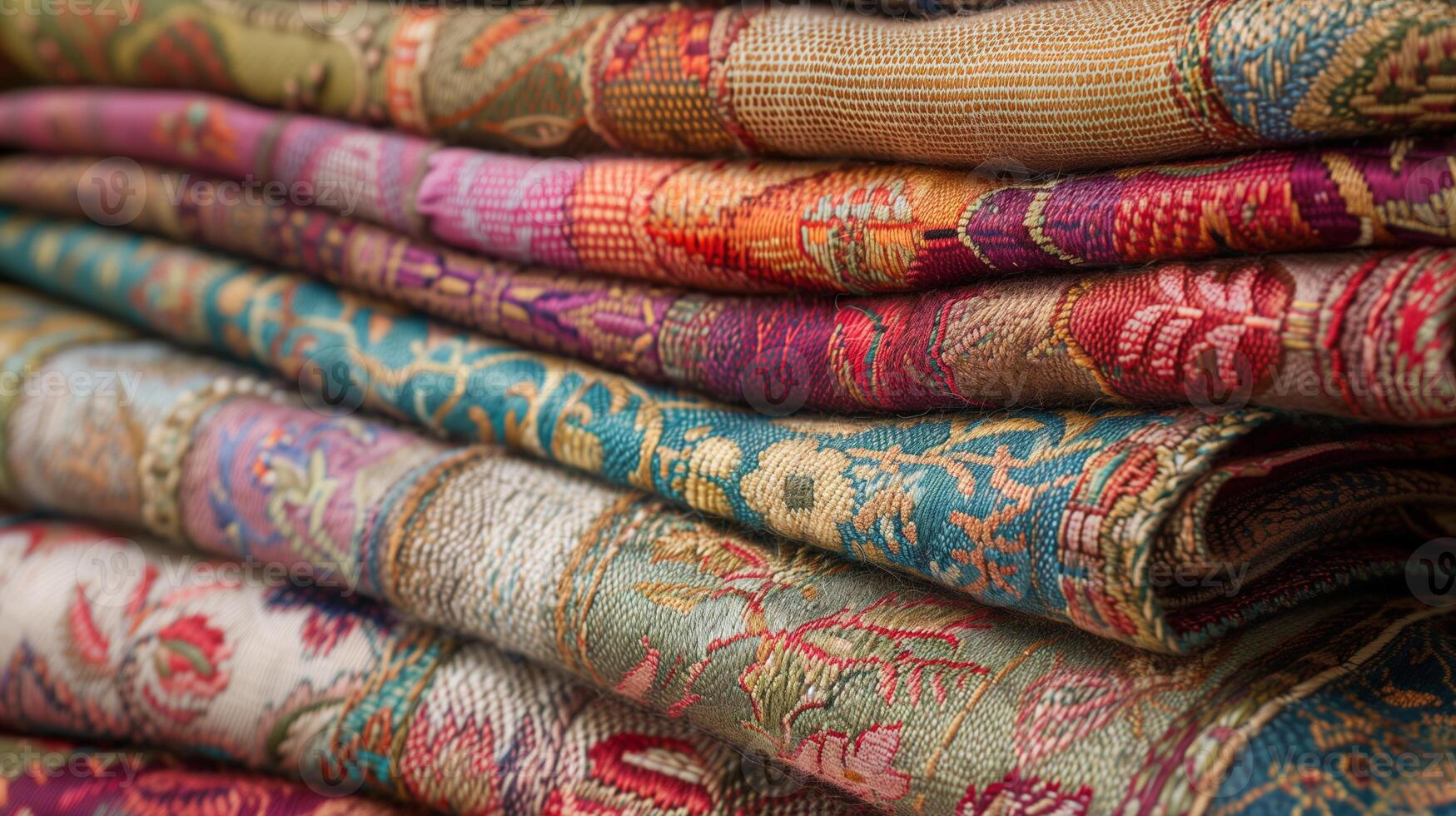 Vibrant Stack of Luxurious Fabric Textiles Featuring Intricate Floral and Geometric Patterns photo