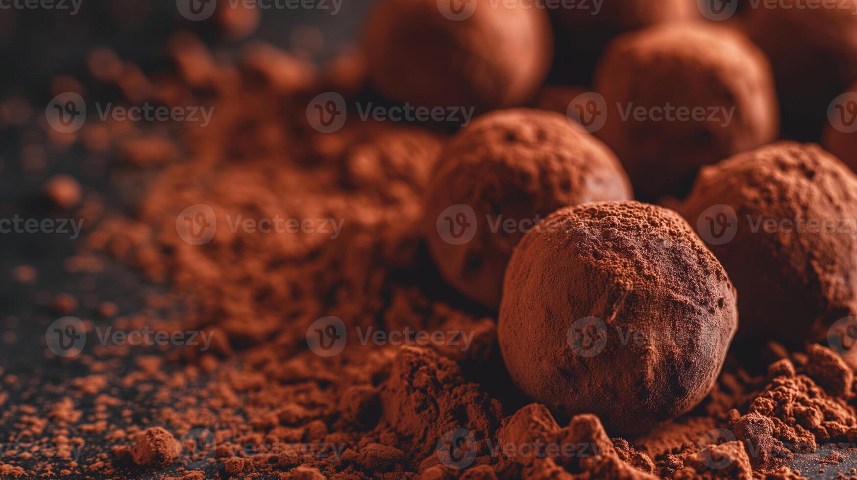 Elegant chocolate truffles coated with cocoa powder. Macro photography capturing the texture and finesse of gourmet sweets, suitable for confectionery promotion and dessert menus. photo