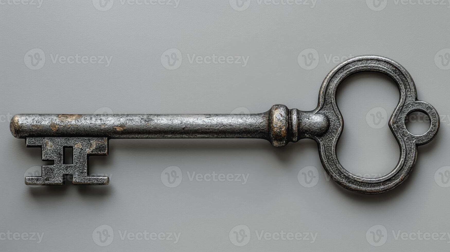 Antique skeleton key on a neutral background, high-detail close-up, security and access concept with copy space. photo