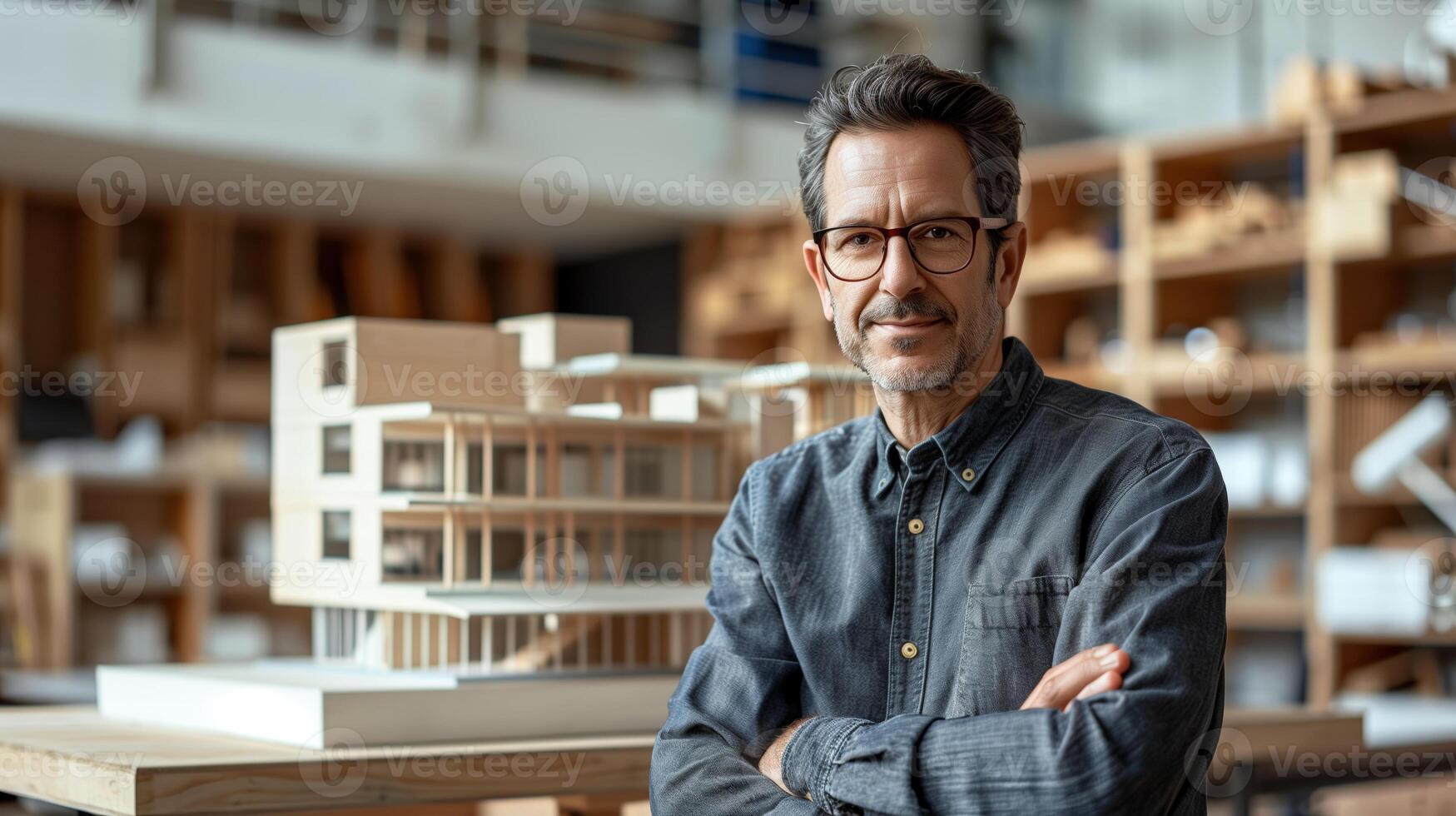 Professional Architect Posing Confidently with Arms Crossed in His Workshop Surrounded by Detailed Model Buildings photo