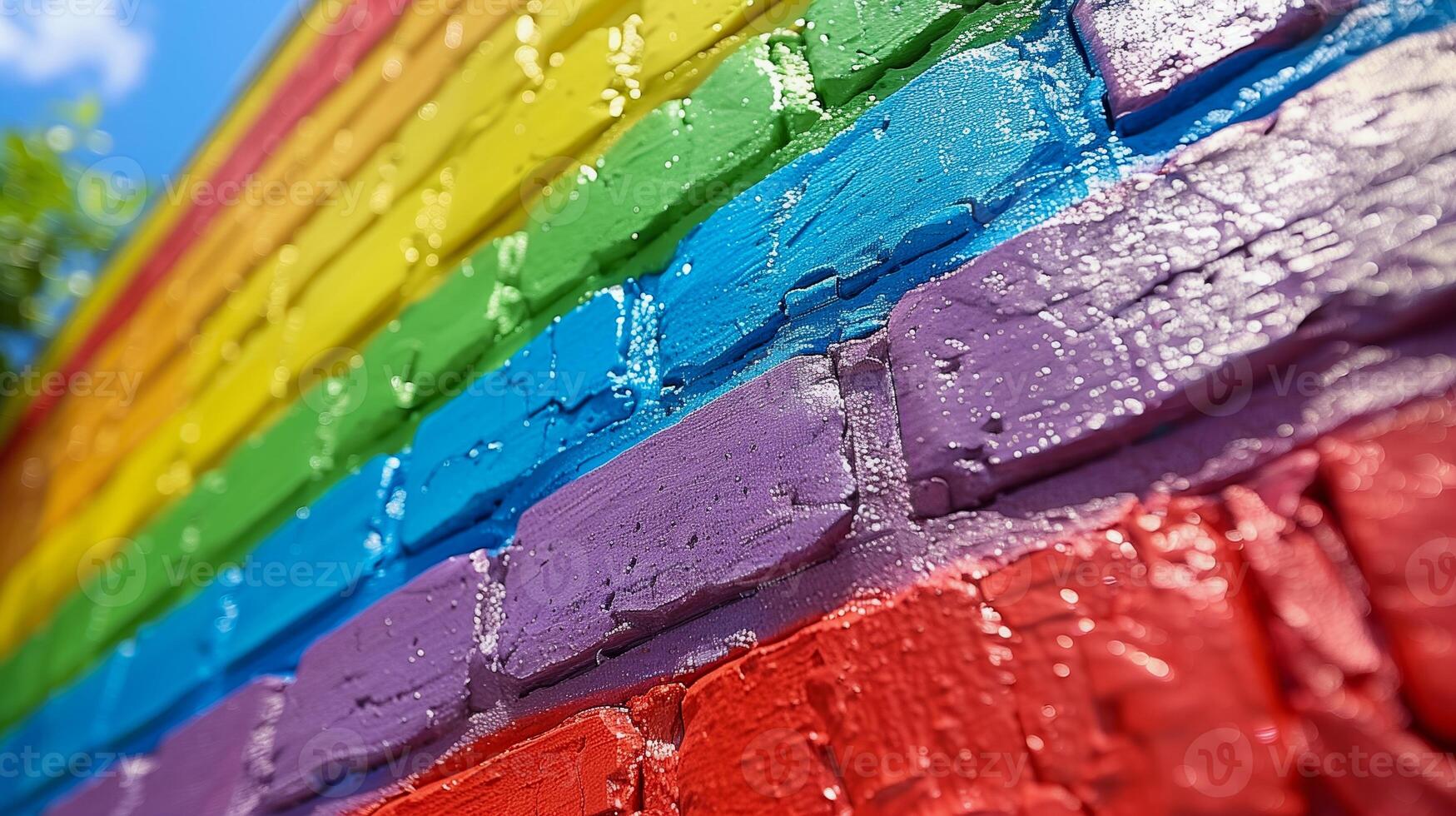 Colorful Pride Rainbow Brick Wall Close-Up, Vibrant LGBTQ Symbol, Urban Street Art, Bright Multicolored Painted Bricks Under Blue Sky, Inclusive Artistic Mural, Celebratory Public Artwork photo