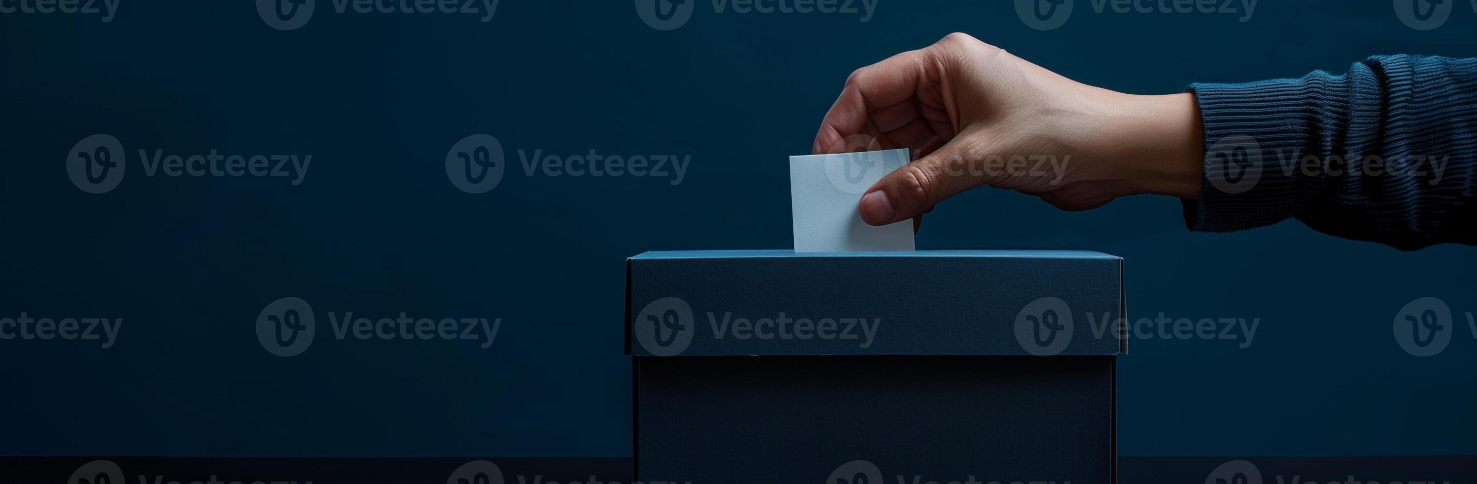 Hand Casting Vote Into Ballot Box on Dark Background, Representing Democracy, Elections, Voting Process, Political Participation photo