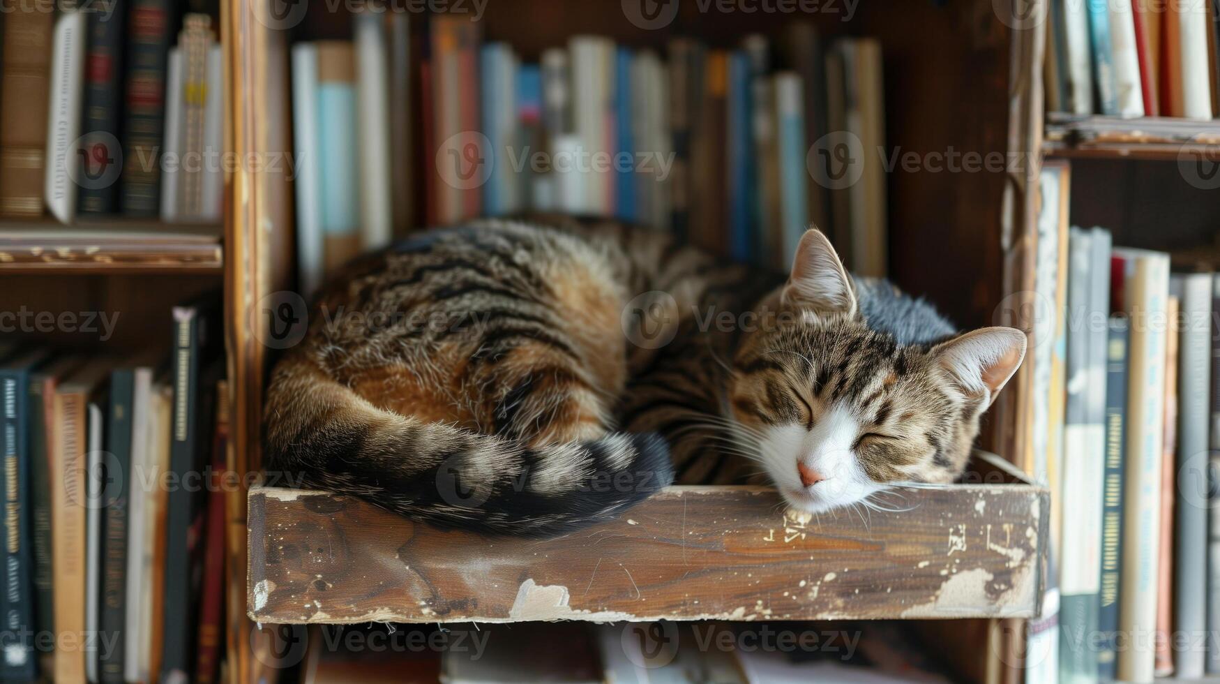 Cozy Cat Sleeping on Bookshelf with Old Books, Relaxed Feline in Indoor Library Setting, Perfect for Warm, Comforting, and Homely Winter Vibes photo
