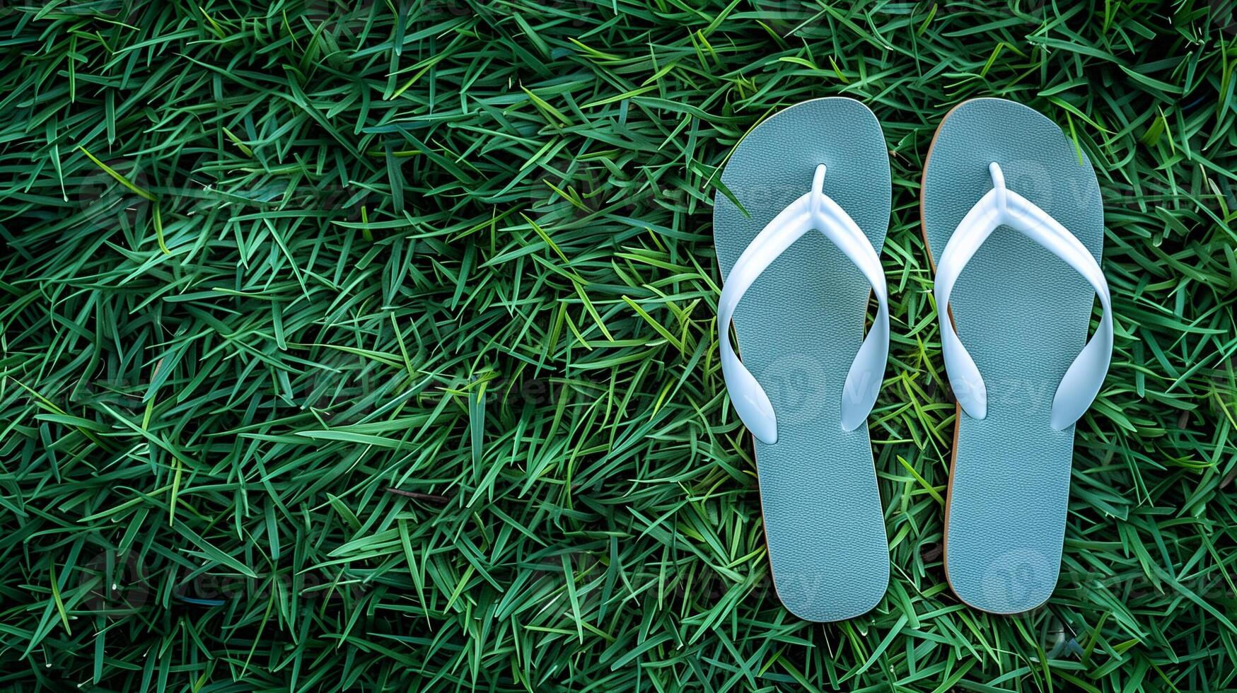 Flip-flops positioned on a vivid green lawn, encapsulating the essence of summer simplicity. photo