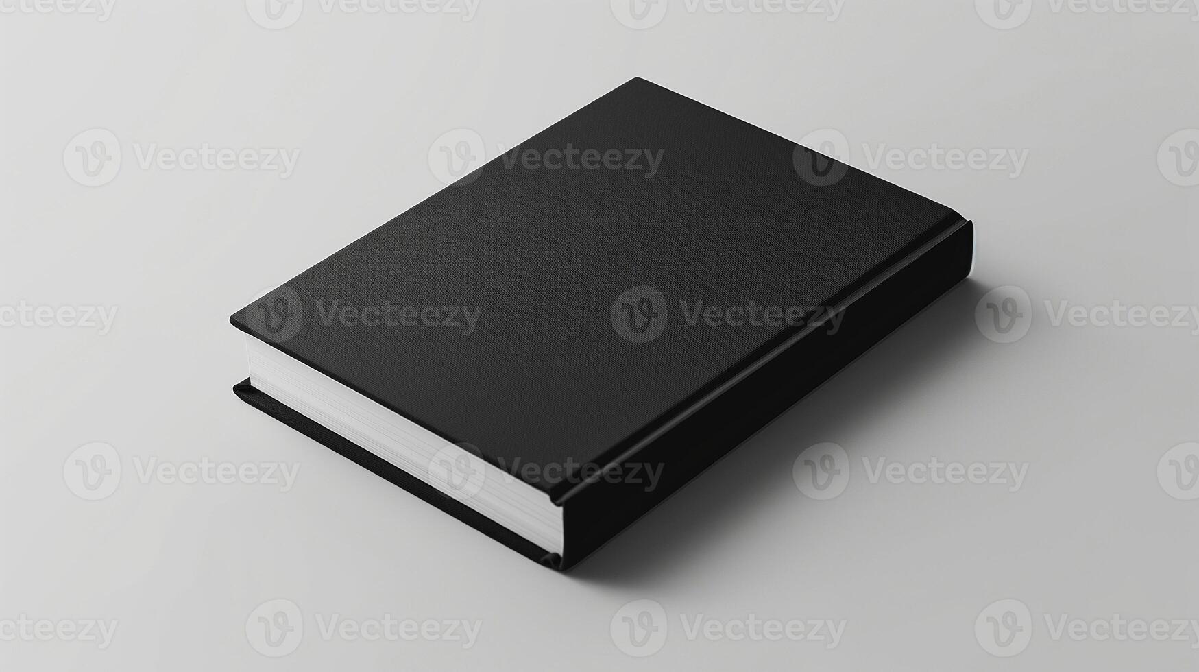 Black book on a white surface with soft shadow. Elegant book mockup with blank cover, ideal for graphic design portfolio presentation with copy space. photo