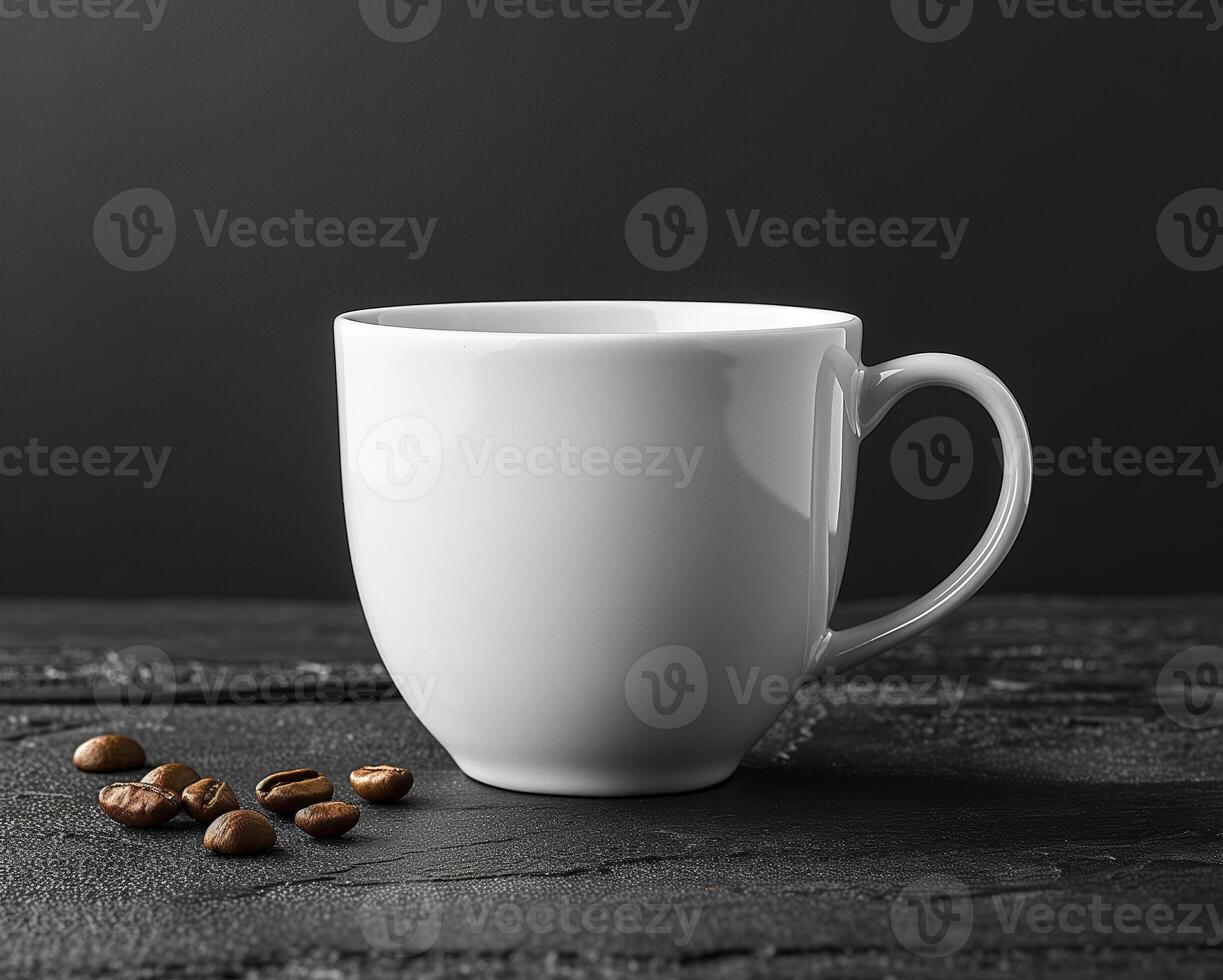 White coffee cup with coffee beans on a dark wooden surface. Coffee concept for cafes and menu design. photo
