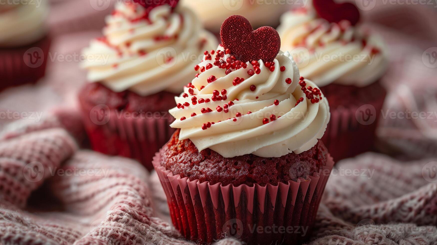 Red velvet cupcakes with creamy frosting and red heart topper on knitted texture. Valentine's Day dessert concept. Design for greeting card, invitation. photo