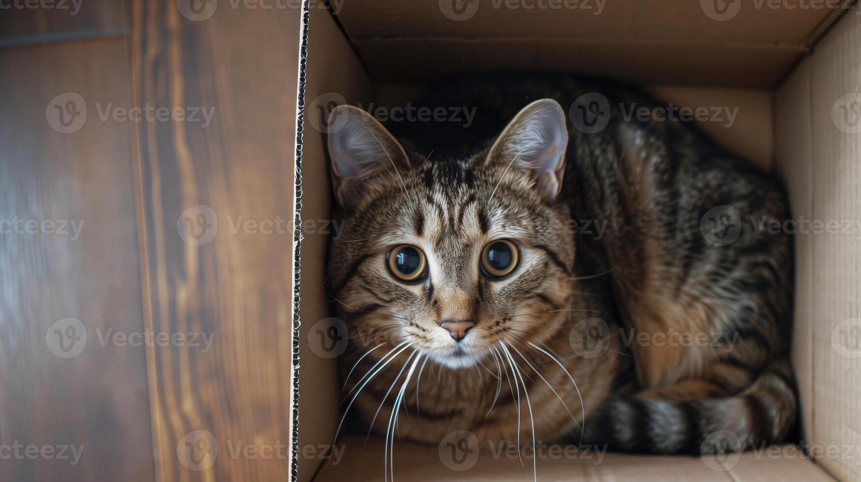 Adorable Tabby Cat with Wide Eyes Resting Inside a Cardboard Box, Domestic Pet Photography for Cozy Home Decor and Animal Lover Collections photo