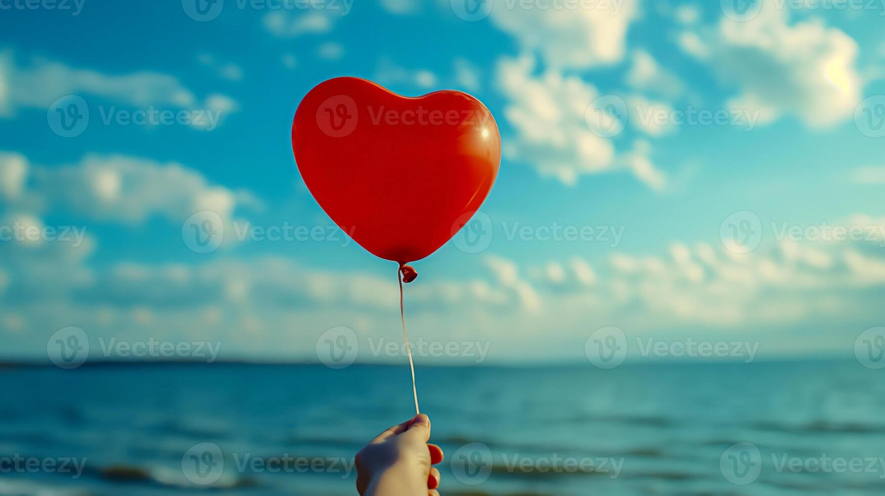 Red heart-shaped balloon against a blue sky with clouds. Romantic concept for Valentine's Day with copy space for greeting cards and print. photo
