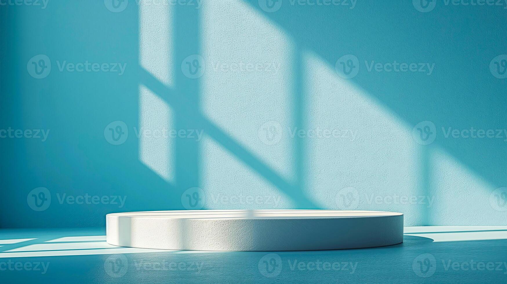 Minimalist Blue Background with Circular Podium, Modern Interior Setting, Light and Shadow Play, Bright and Airy Mood, Abstract Architectural Design, Perfect for Product Placement photo