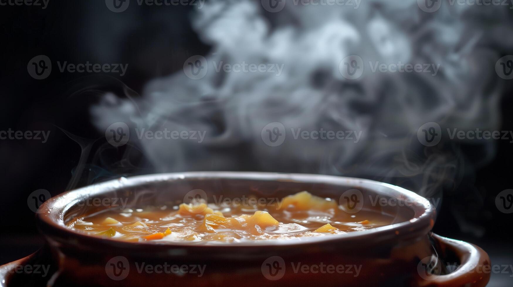 Close-up of hot Vegetable Soup in a rustic bowl with visible steam, on a dark background. Ideal for recipe websites, food magazine articles, and cooking instructions with copy space. photo