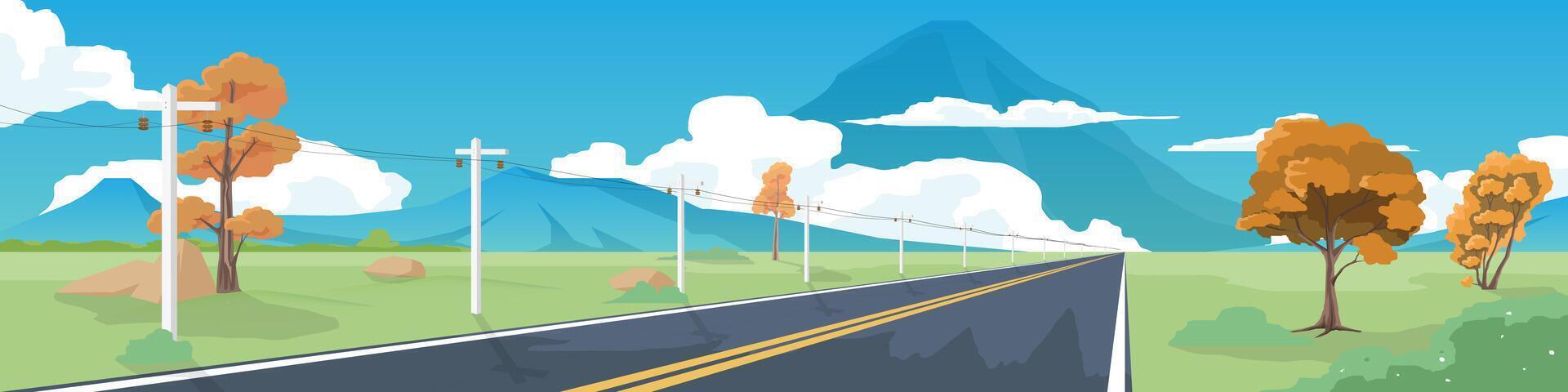 Horizontal view of asphalt road with nature two side of road. With electric pole with cable beside road. Background of mountain and clouds under blue sky. vector