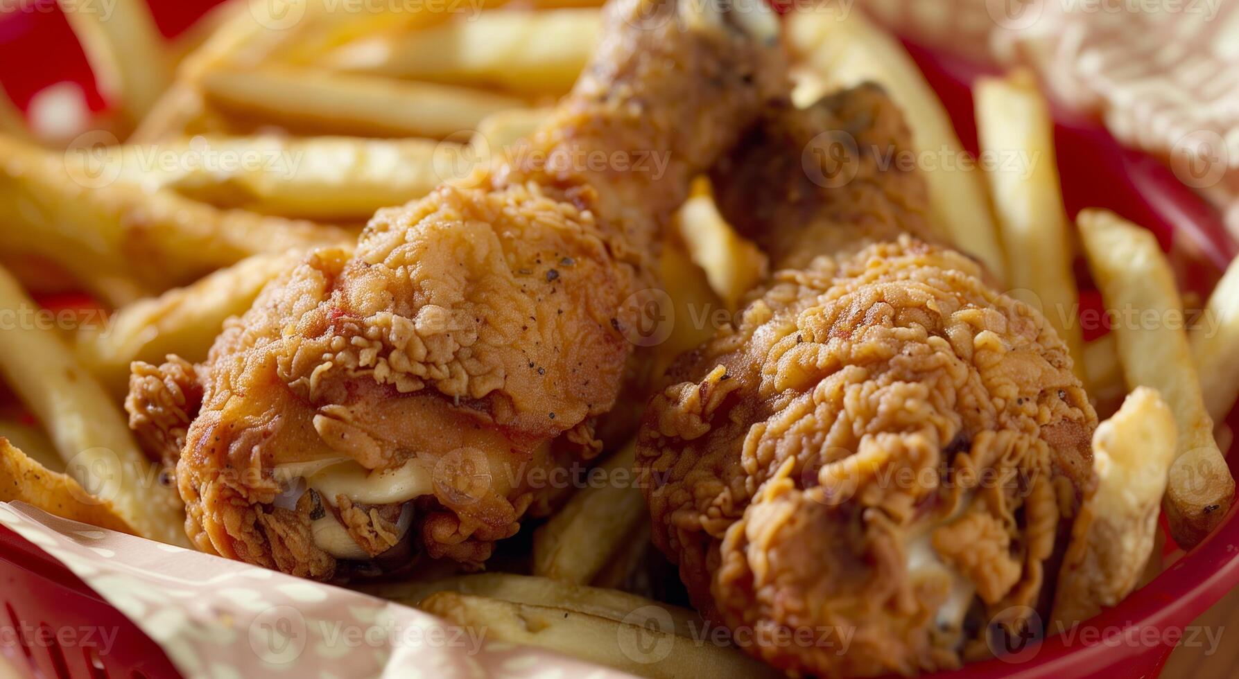 Crispy Fried Chicken Drumsticks With Golden French Fries in Red Basket, Perfect Comfort Food, Close-Up Shot, Ideal for Fast Food Menus and Advertisement, Tantalizingly Delicious and Irresistible photo