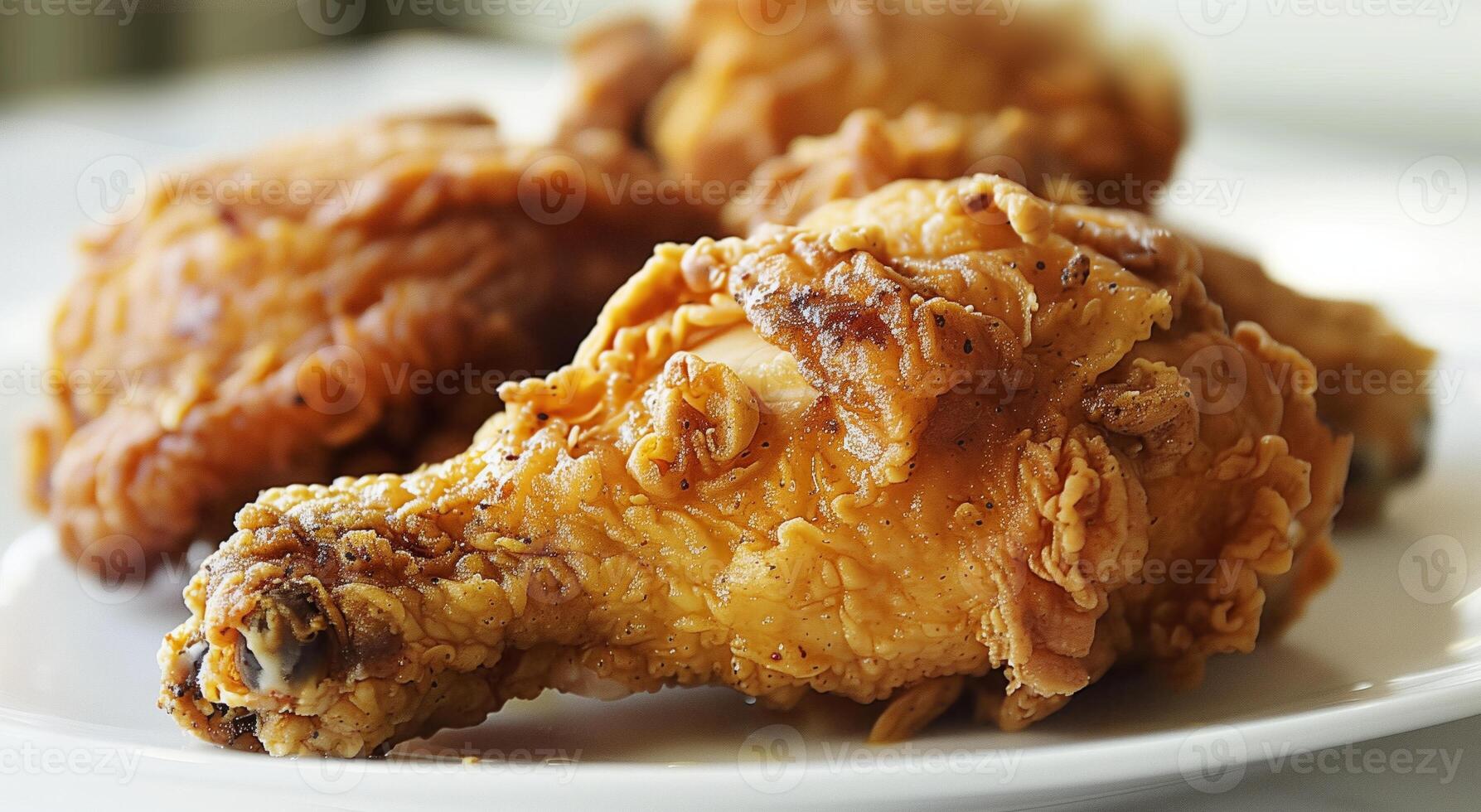 Unhealthy Food Crispy Golden Fried Chicken Drumsticks on White Plate. photo