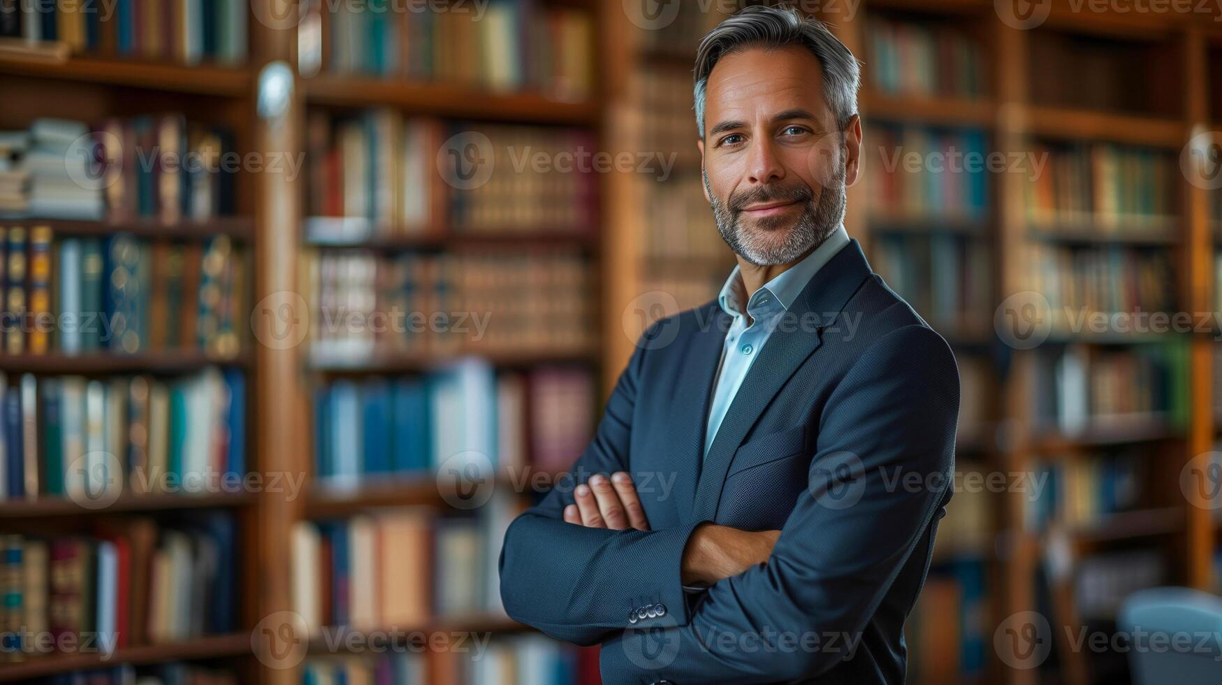 Confident Professional Businessman Standing in Library, Portrait of Mature Male in Stylish Modern Apparel, Soft Focus Background photo