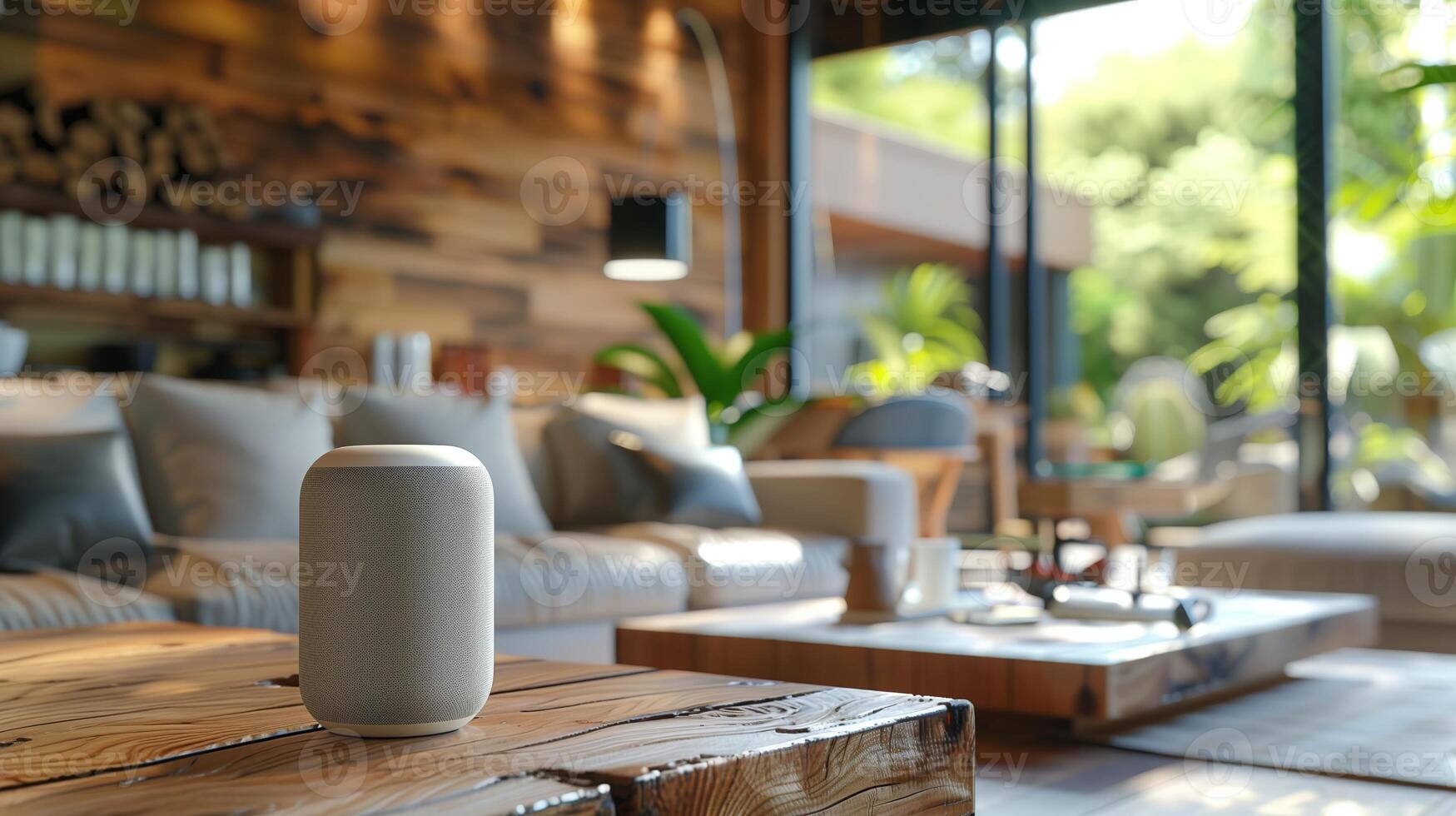 Smart Speaker on Wooden Coffee Table, Bright Sunlight Streaming Through Large Windows photo