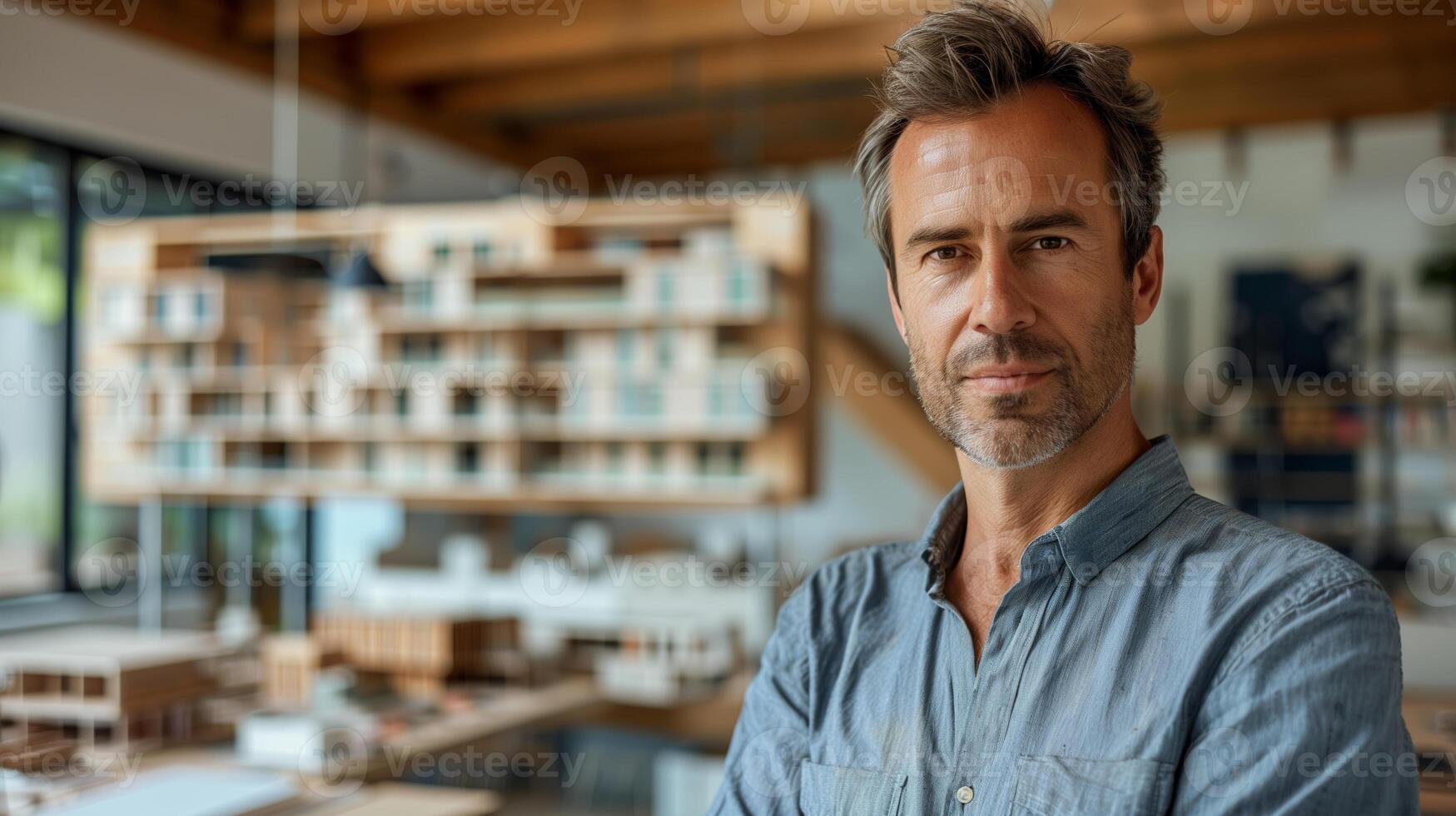 Confident Male Architect in Modern Office with Detailed Architectural Models and Natural Light photo