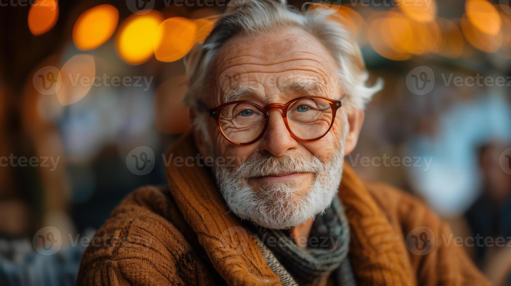 Warm Portrait of Elderly Man in Cozy Sweater and Glasses, Featuring Bokeh Lights, Capturing Warmth and Serenity of a Winter Evening in a Rustic, Outdoor Setting, Perfect for Seasonal Holiday Designs photo
