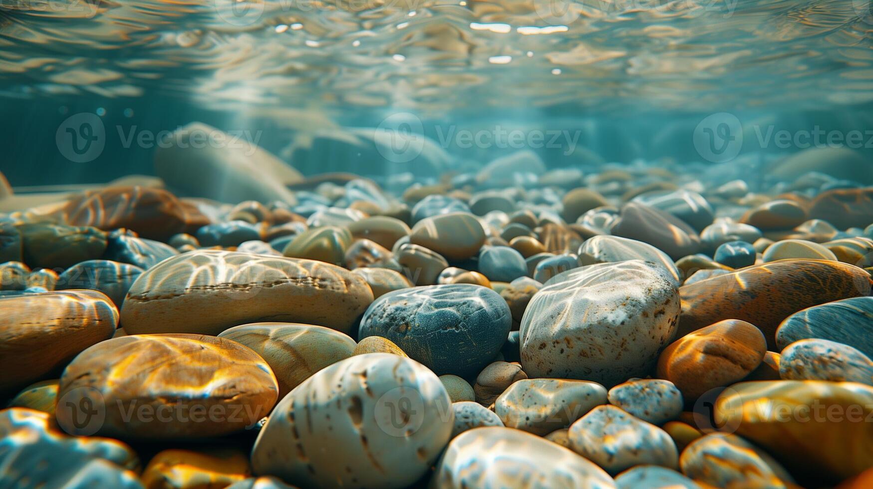 Underwater View of Smooth, Polished River Stones Bathed in Sunlight, Ideal for Tranquil Themes photo