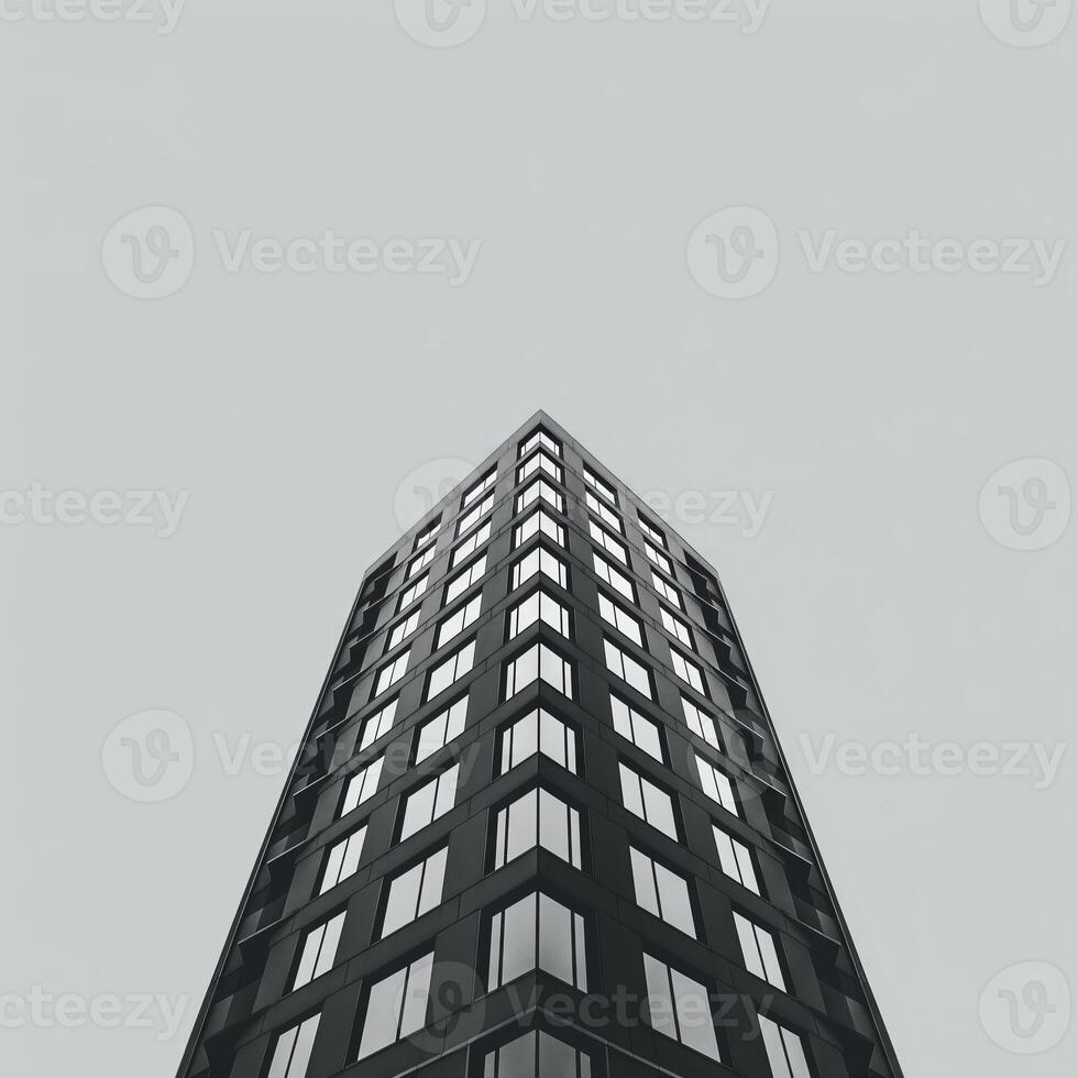 Monochrome image of a modern skyscraper from a low-angle perspective, showcasing geometric architecture and urban design. Ideal for corporate, architectural, and real estate concepts. photo