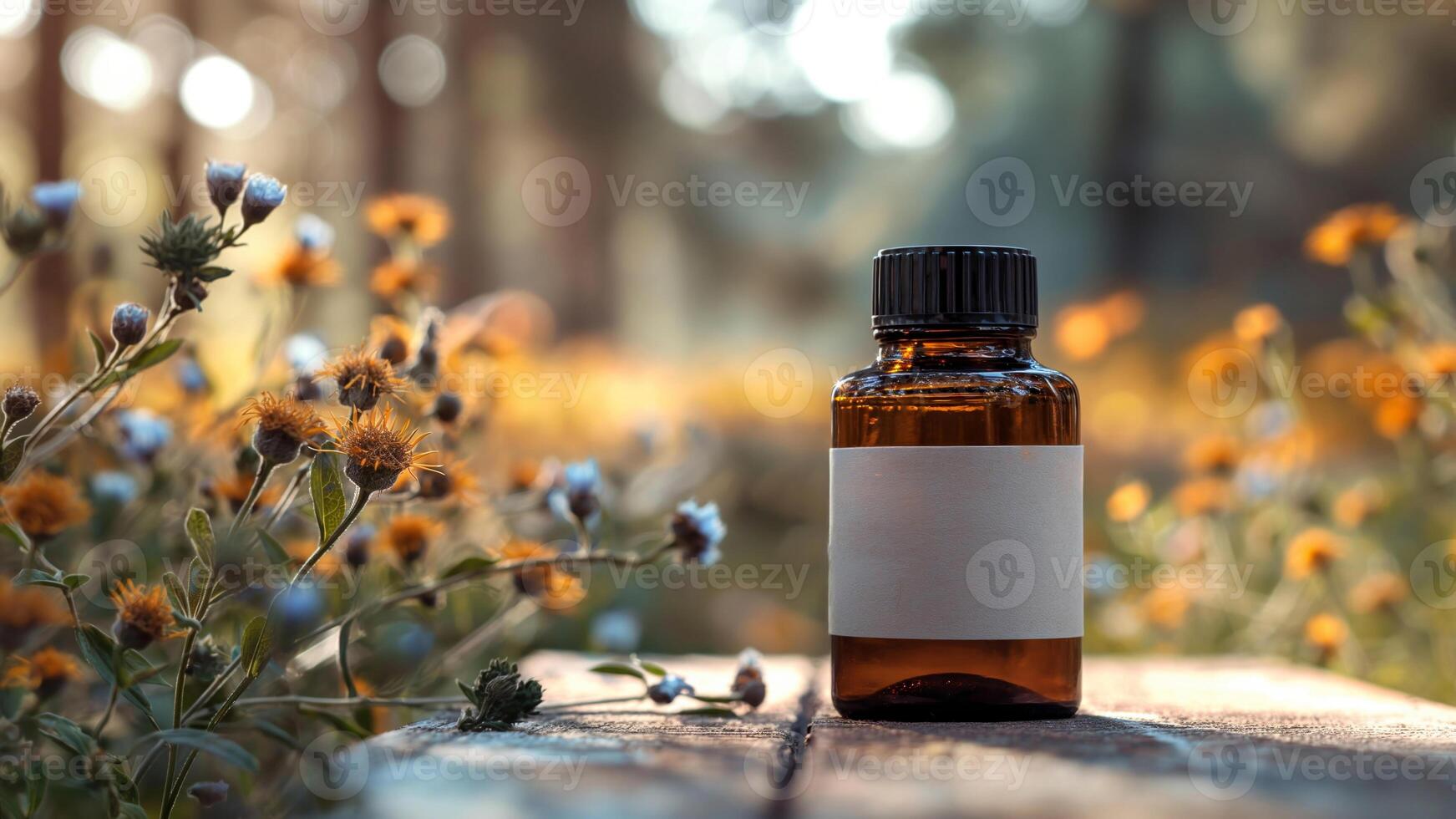 Amber Glass Bottle on Rustic Wooden Surface Amidst Wildflowers in Sunlit Forest Setting, Perfect for Nature-Themed Wellness and Aromatherapy Design Concepts photo