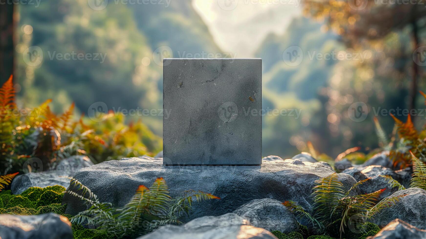 Concrete Cube on Moss-Covered Rock in Tranquil Forest, Sunlit Morning, Vivid Nature with Ferns, Trees, and Soft-Focused Brush, Beautiful Outdoor Scenery, Inspiration for Zen Garden Designs photo